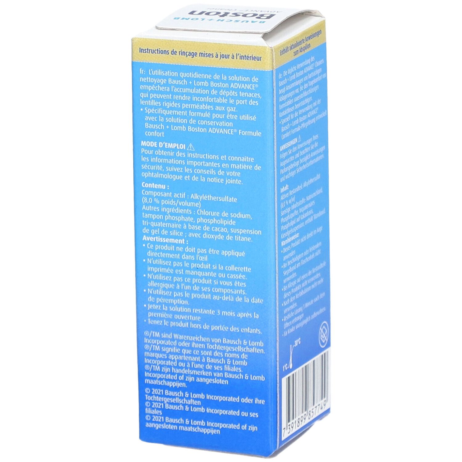 Côté de l'emballage Bausch + Lomb Boston ADVANCE® Cleaner. Informations textuelles en français. Logo et code-barres.