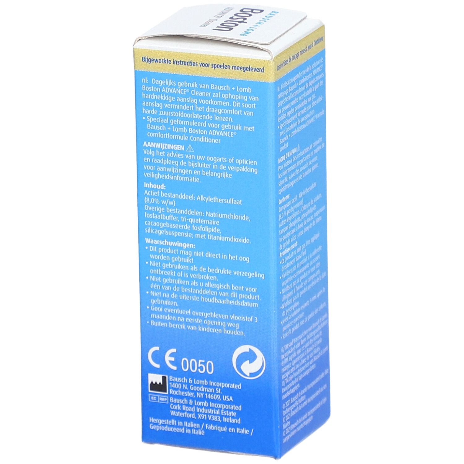 Côté de l'emballage Bausch + Lomb Boston ADVANCE® Cleaner. Informations textuelles en néerlandais. Marque CE.