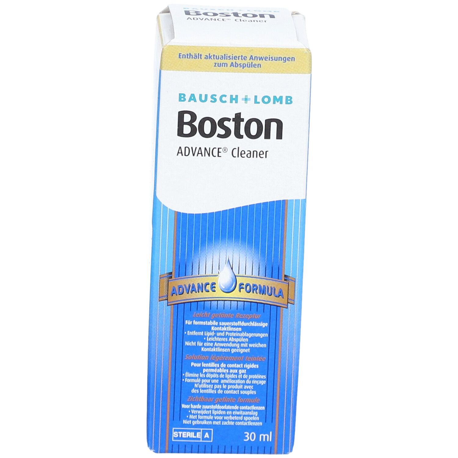 Emballage Bausch + Lomb Boston ADVANCE® Cleaner. Nom et logo du produit. Couleurs bleu et blanc. 30 ml.