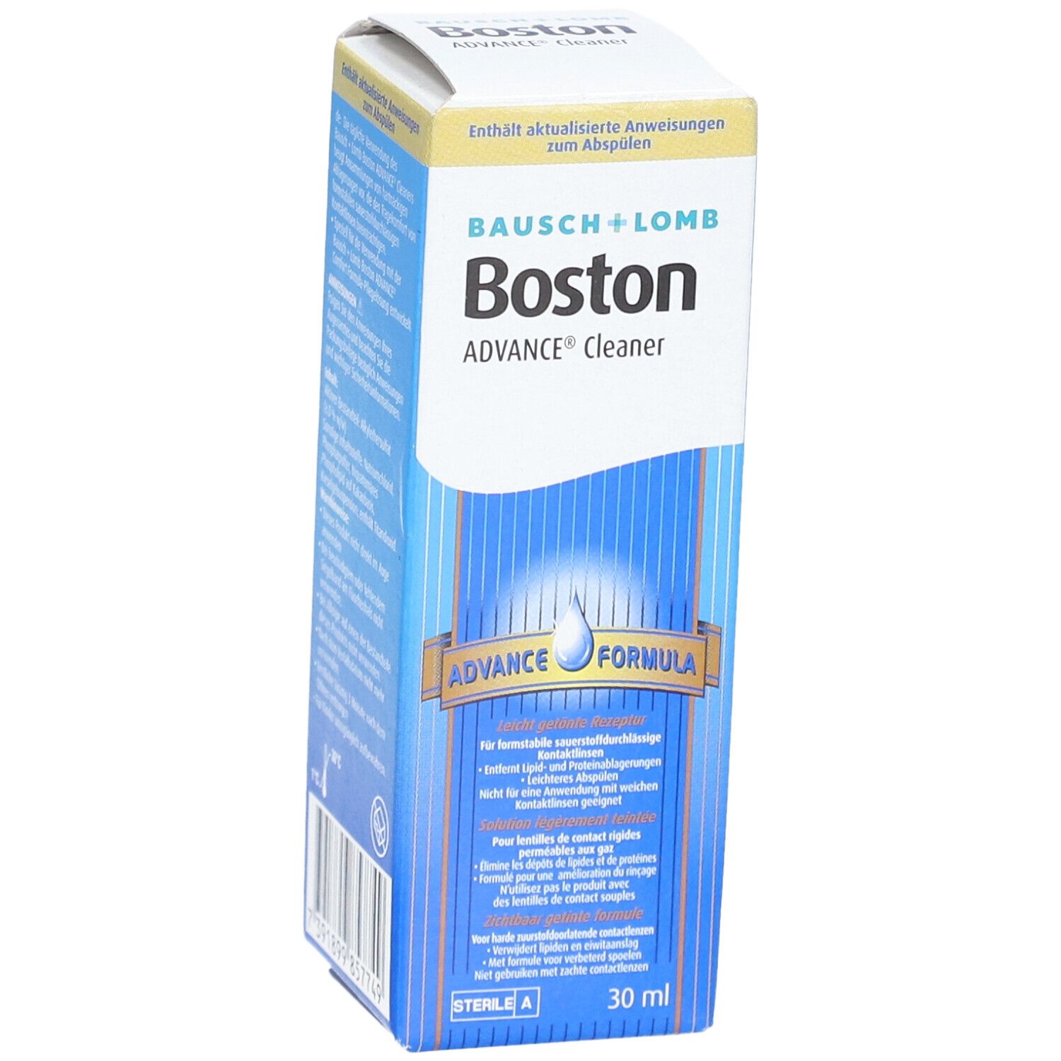 Emballage Bausch + Lomb Boston ADVANCE® Cleaner. Nom et logo du produit. Couleurs bleu et blanc. 30 ml.