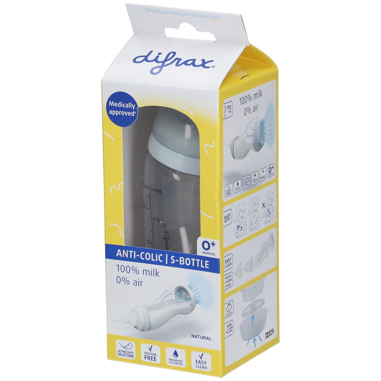 Emballage de biberon Difrax Anti-colique S-Bottle. Inscription : 100% lait, 0% air. Label "Medically approved".