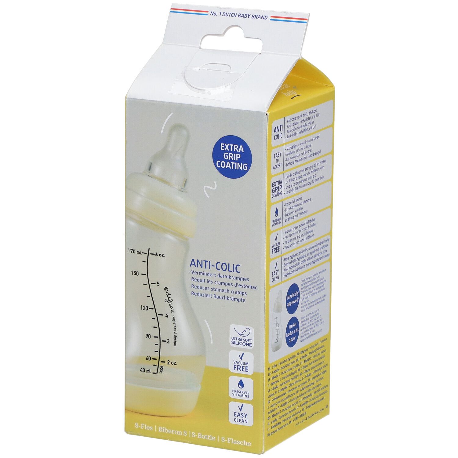 Biberon dans l'emballage. Inscription : Anti-colique. Échelle graduée. Revêtement Extra Grip. Sceaux : Ultra Soft Silicone, Vitaminen Free, Easy Clean.