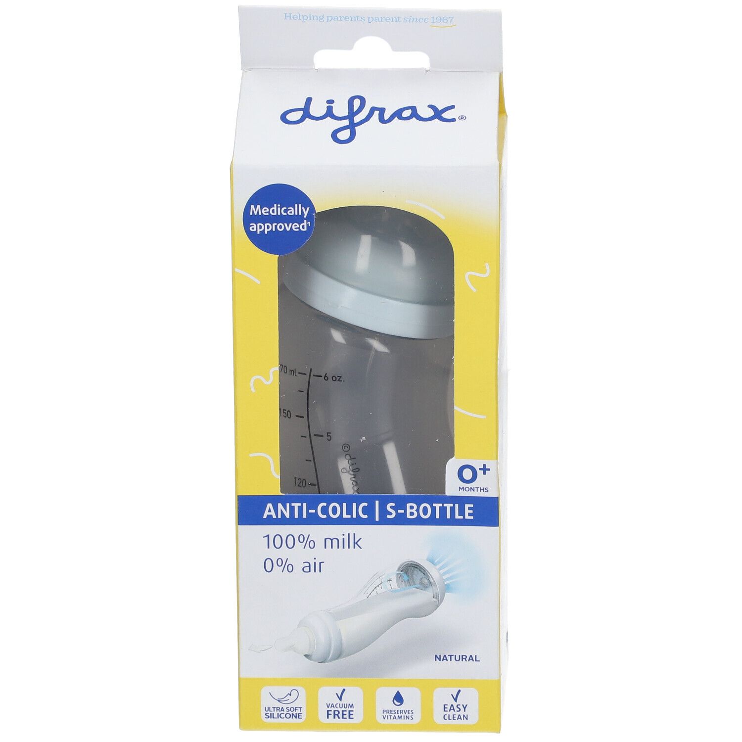 Emballage de biberon. Inscription : Difrax, Anti-colique S-Bottle, 100% lait, 0% air. Sceau : Medically approved.