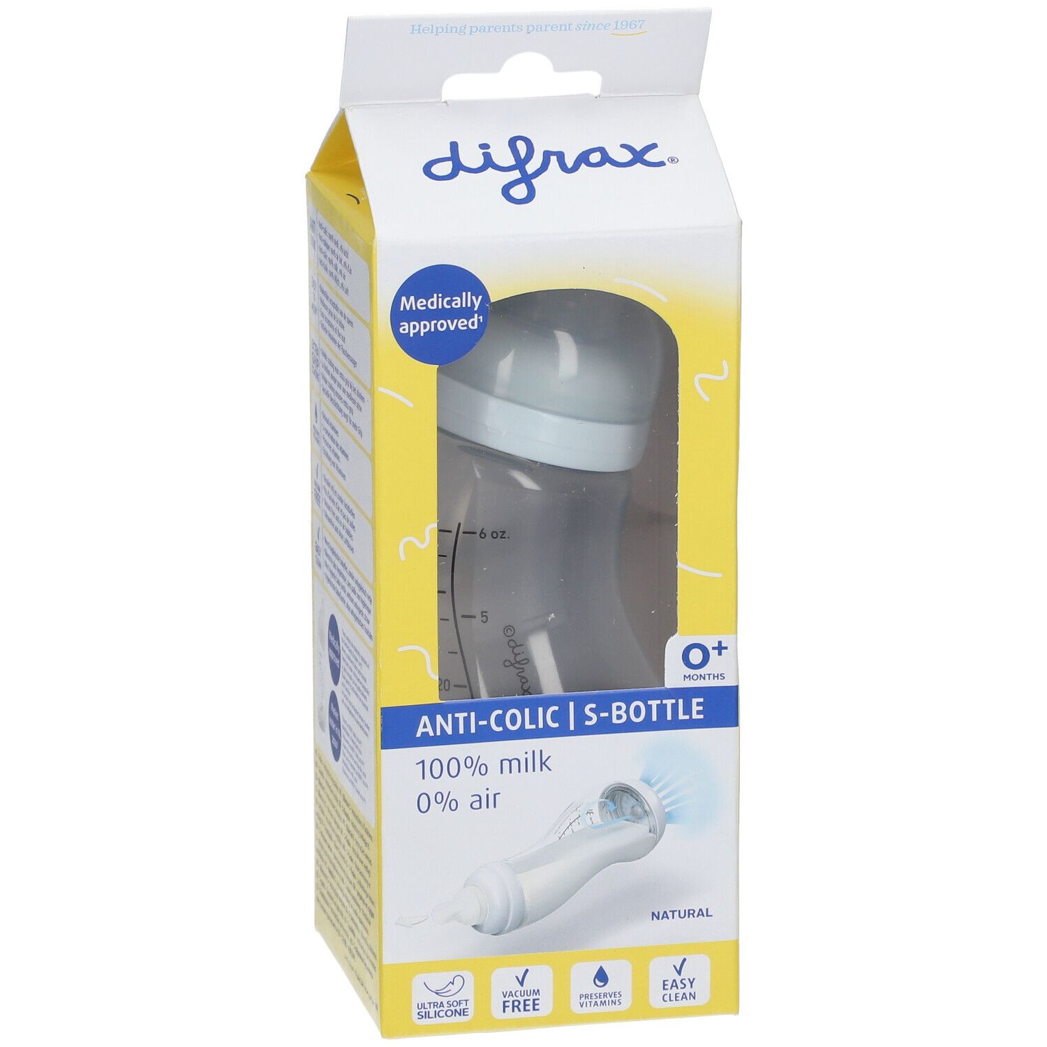 Emballage de biberon. Inscription : Difrax, Anti-colique S-Bottle, 100% lait, 0% air. Sceau : Medically approved.