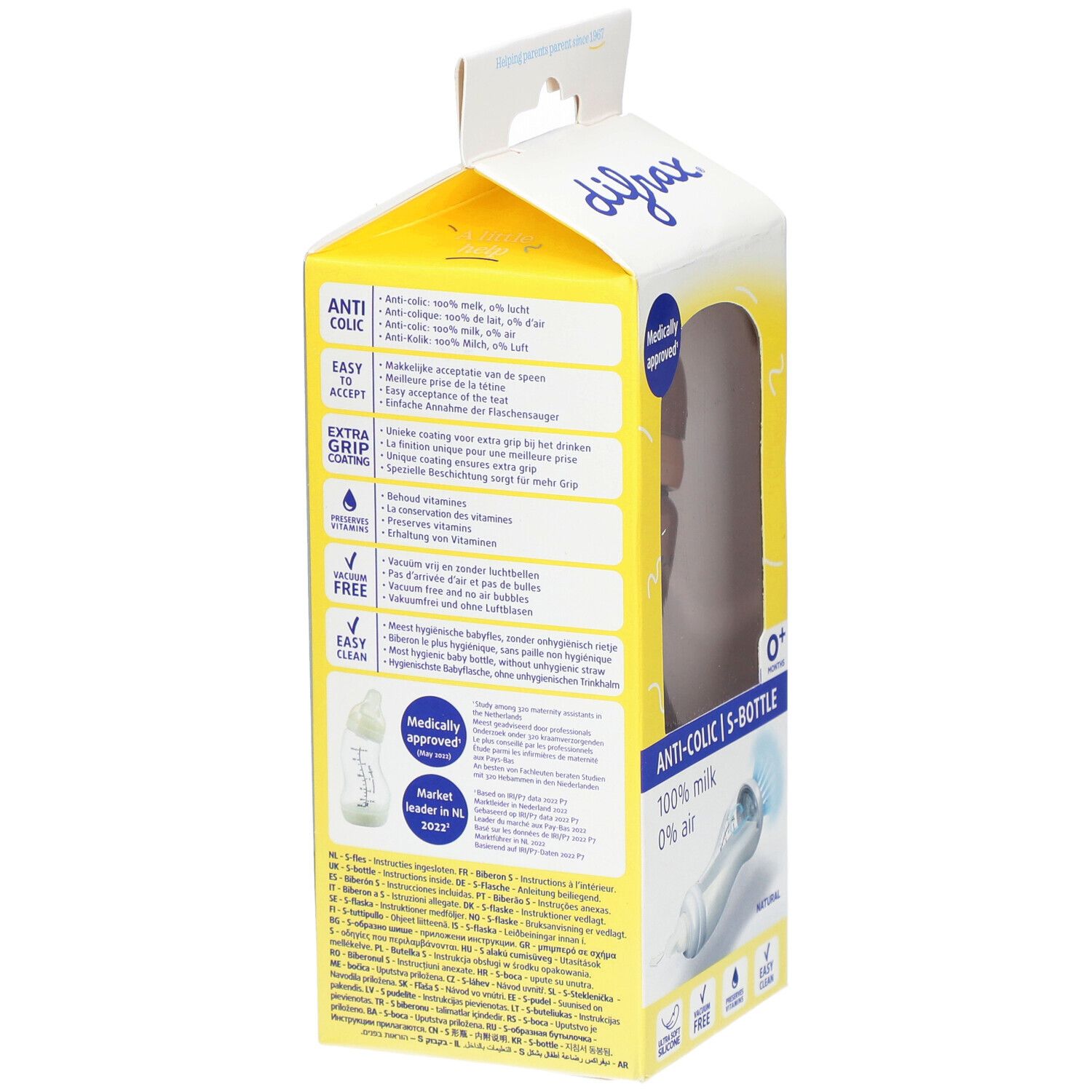 Dos de l'emballage du biberon. Emballage jaune avec informations sur le produit, logo et certifications.
