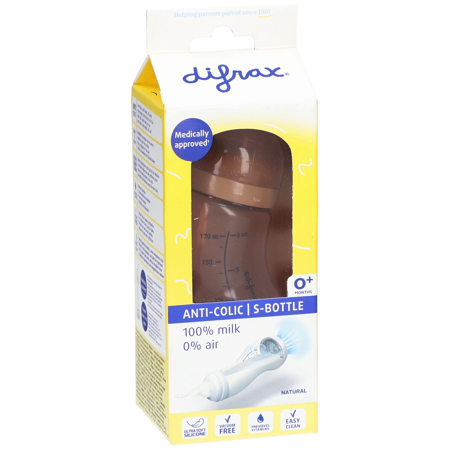Biberon dans son emballage. Biberon marron avec échelle de mesure, emballage jaune avec informations et logo.