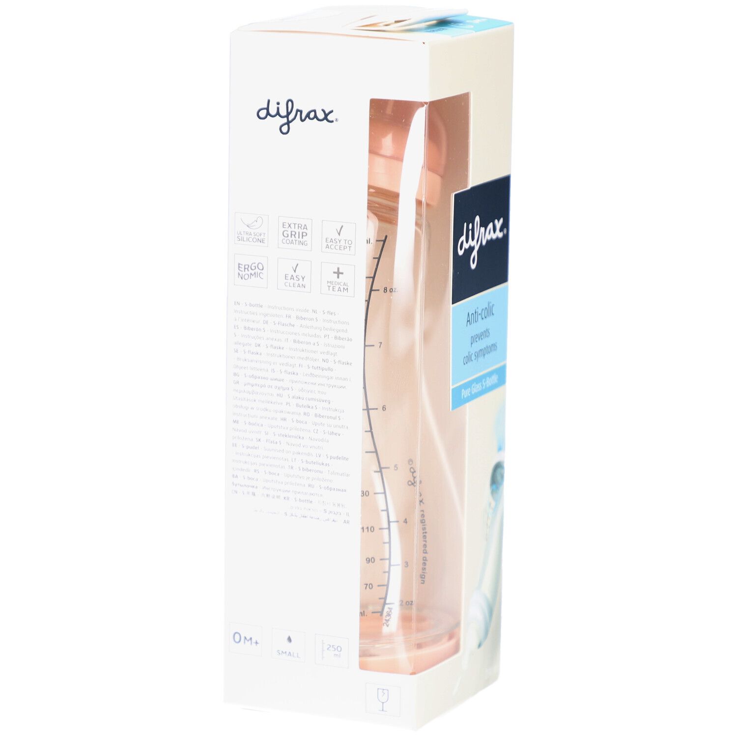 Emballage de biberon. Marque : difrax. Texte : Anti-colique, Pure Glass S-Bottle. Biberon en verre rose. Échelle graduée. 0m+.