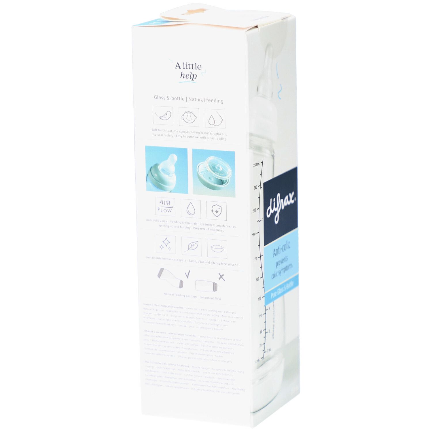 Emballage de biberon. Marque : difrax. Texte : Anti-colique, Pure Glass S-Bottle. Biberon en verre. Illustrations.