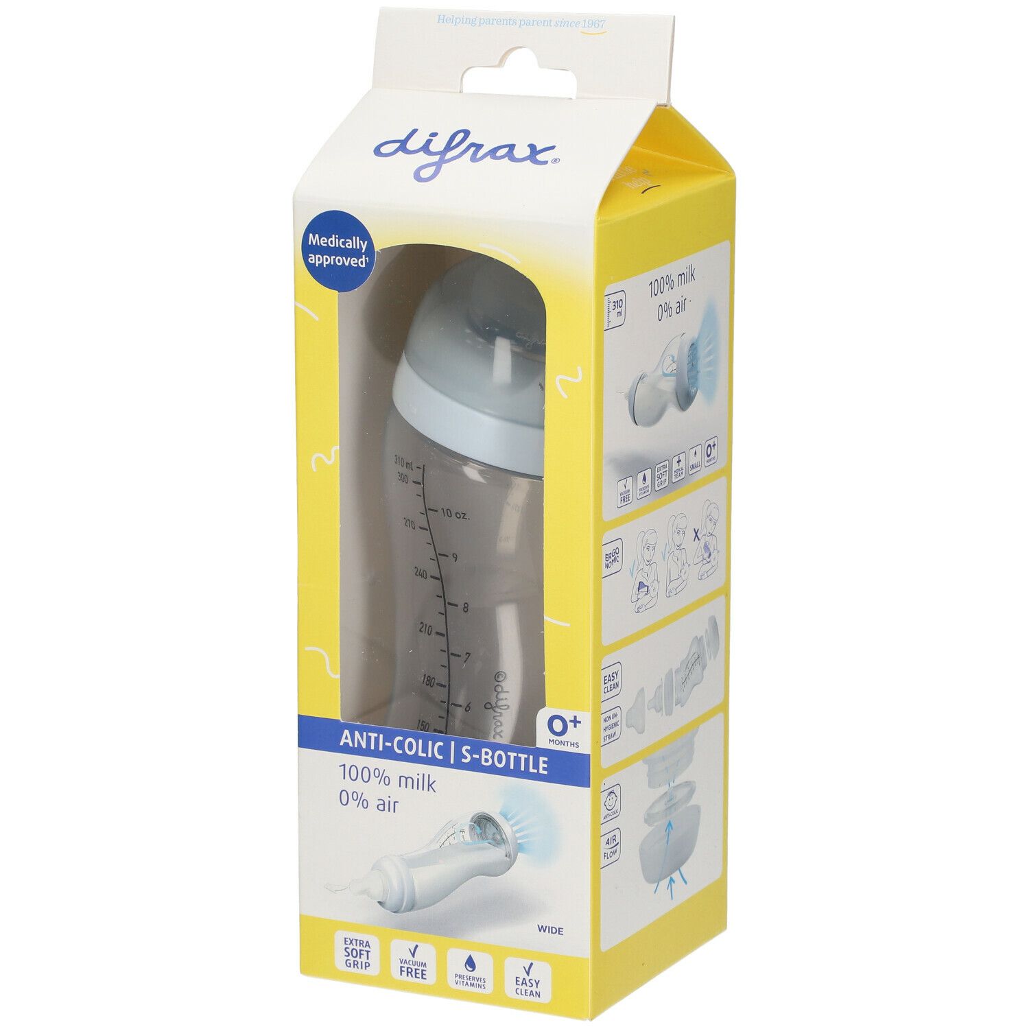 Emballage de biberon. Visible: marque Difrax, S-Bottle, anti-colique, 0 mois+, 310 ml. Approuvé médicalement.