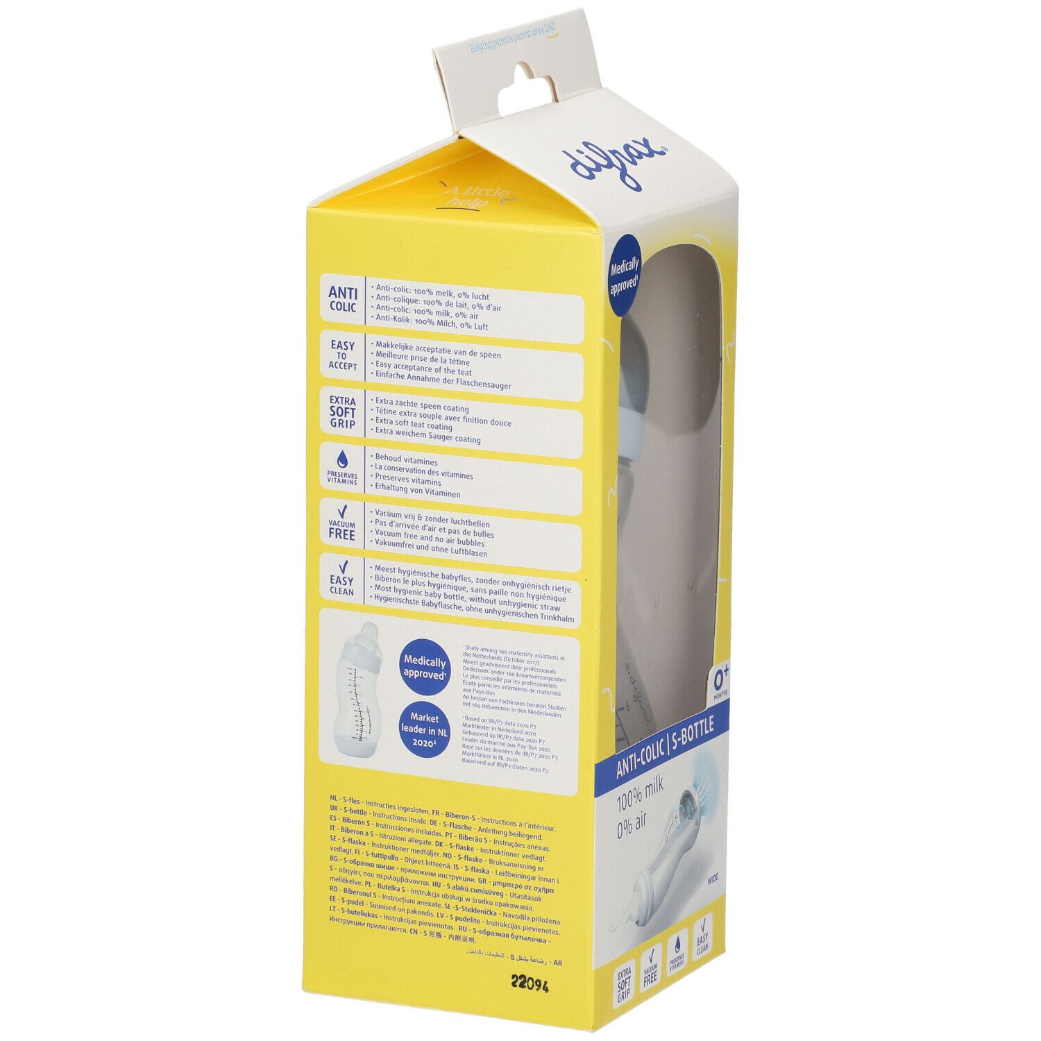 Dos de l'emballage du biberon. Marque Difrax, S-Bottle. Informations anti-colique, nettoyage facile, etc. Approuvé médicalement.