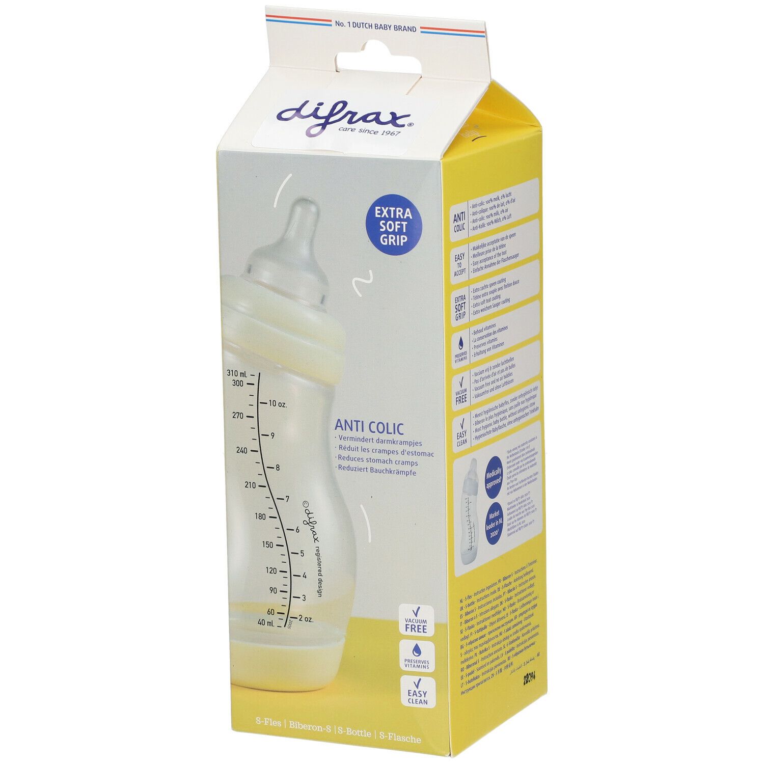 Biberon dans l'emballage. Marque Difrax, S-Bottle, anti-colique. Biberon avec échelle de mesure. Extra Soft Grip.