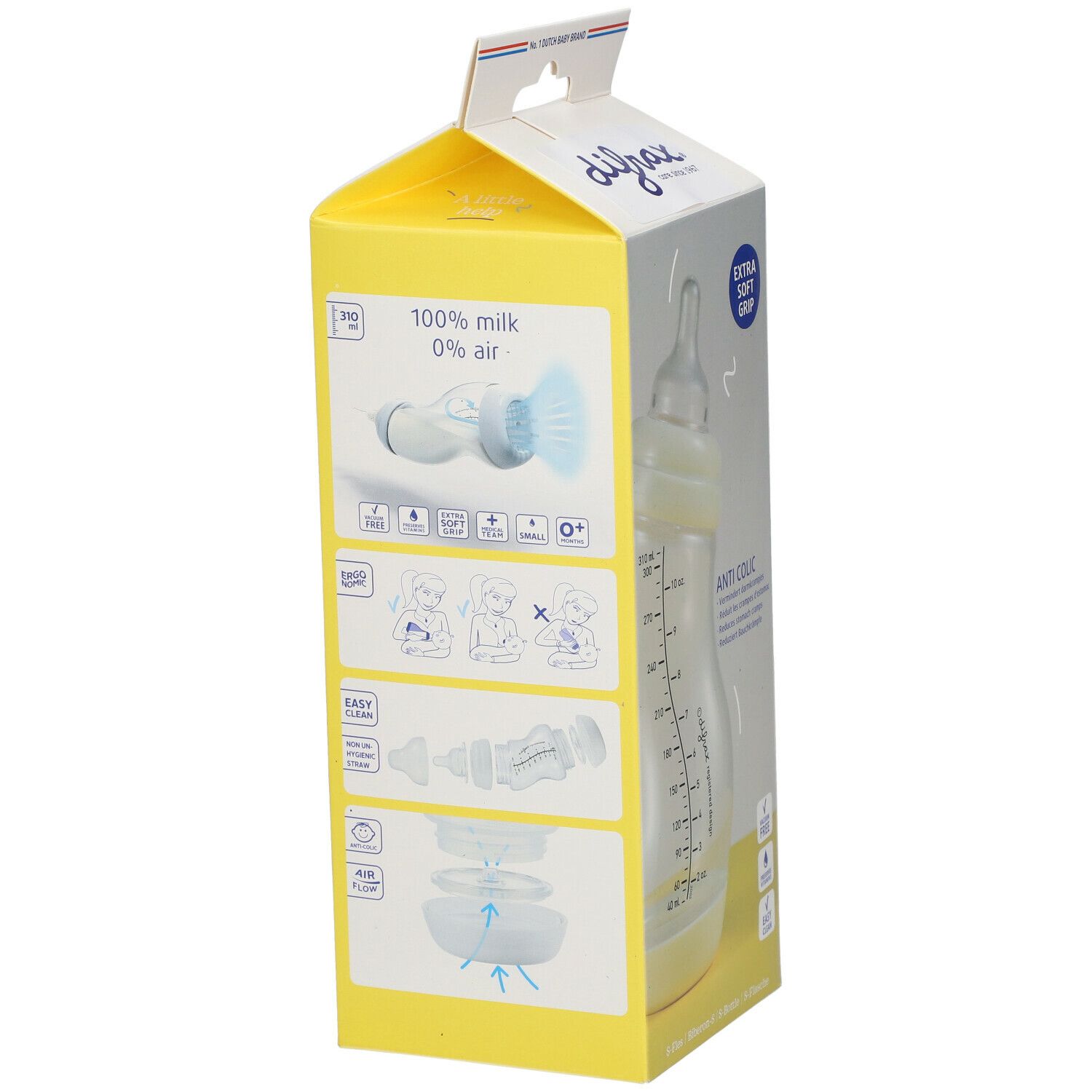 Dos de l'emballage du biberon. Marque Difrax, S-Bottle. Informations anti-colique, nettoyage facile, etc.