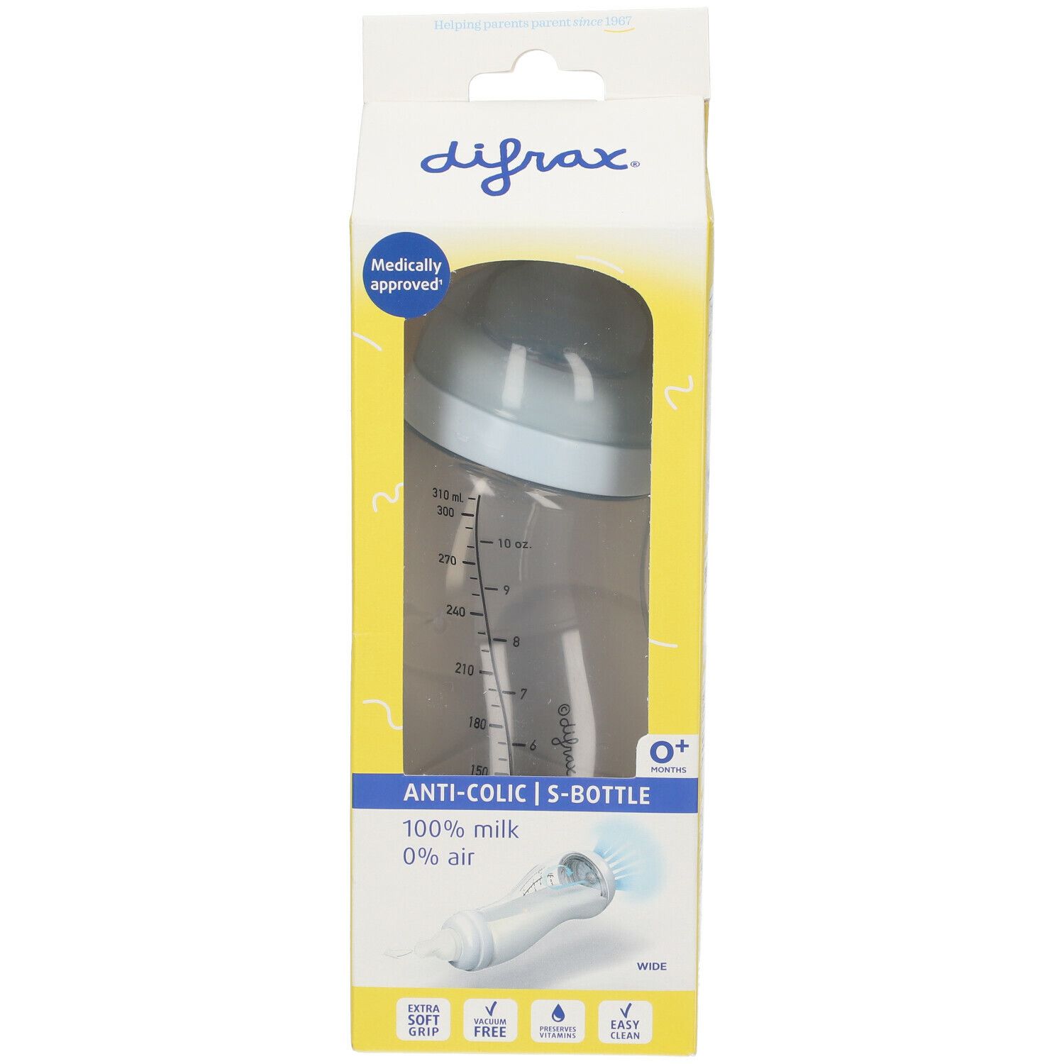 Emballage de biberon. Marque Difrax, S-Bottle, anti-colique, 0 mois+. Approuvé médicalement. 100% lait, 0% air.