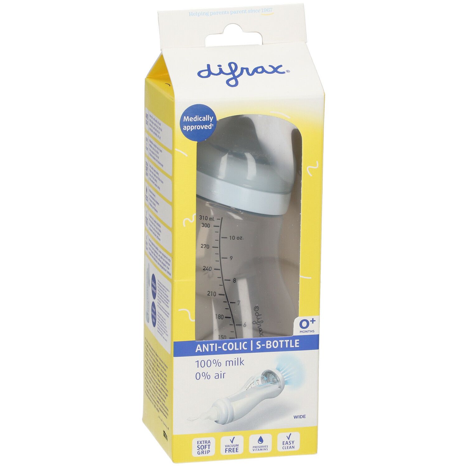Emballage de biberon. Marque Difrax, S-Bottle, anti-colique, 0 mois+. Approuvé médicalement. 100% lait, 0% air.