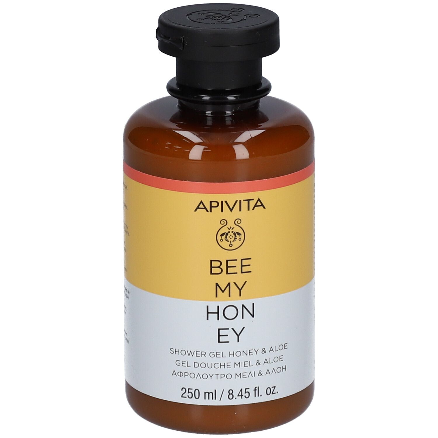 Apivita Bee My Honey Gel Douche, 250 ml. Flacon brun avec bouchon noir.