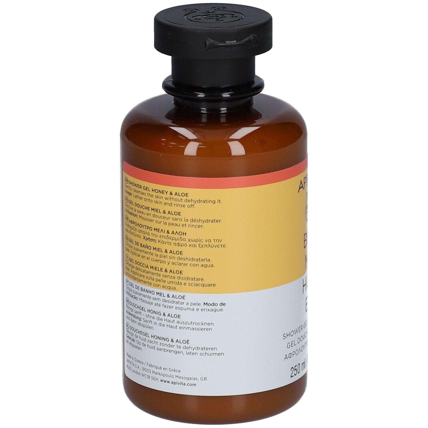 Flacon plastique brun avec bouchon noir, 250ml gel douche miel & aloe.