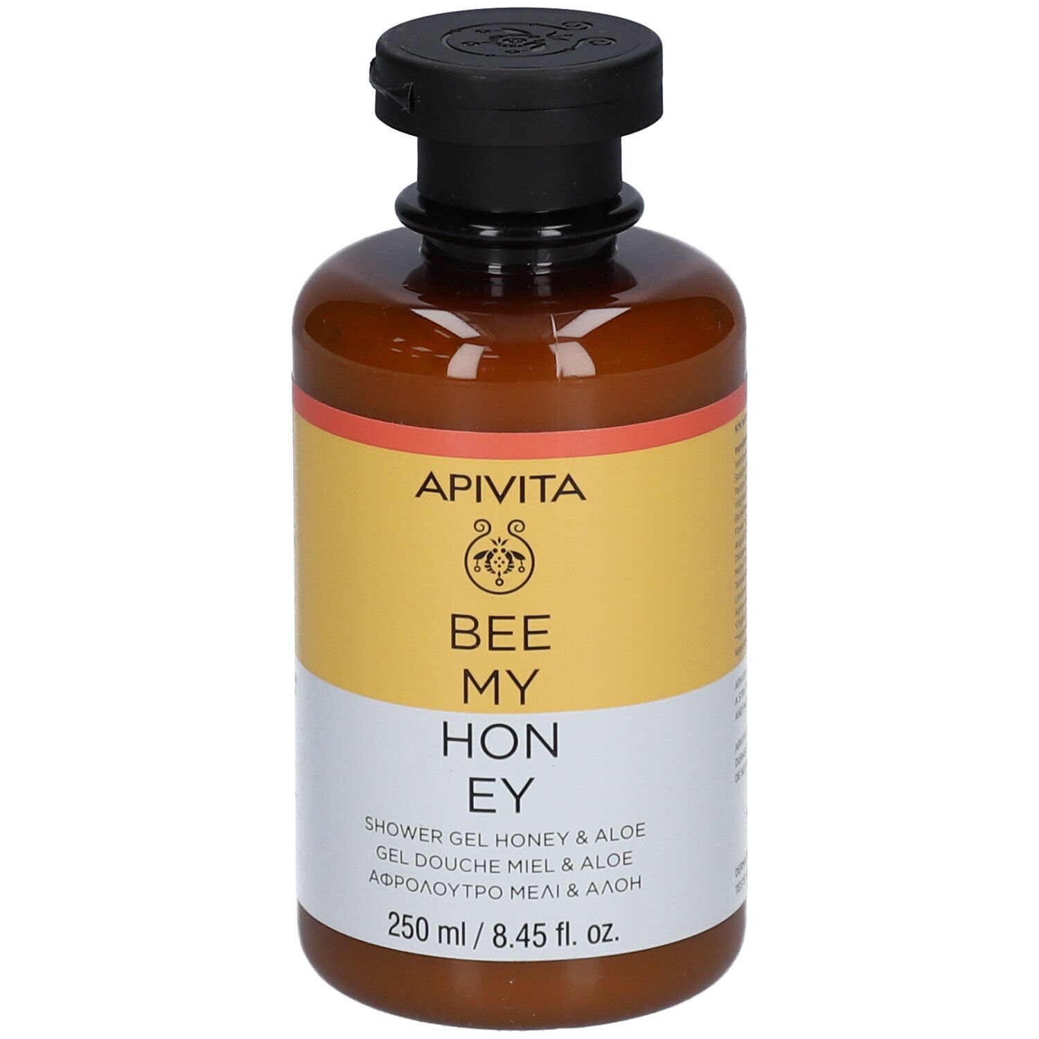 Gel douche Apivita Bee My Honey Miel & Aloe dans une bouteille brune, 250 ml.