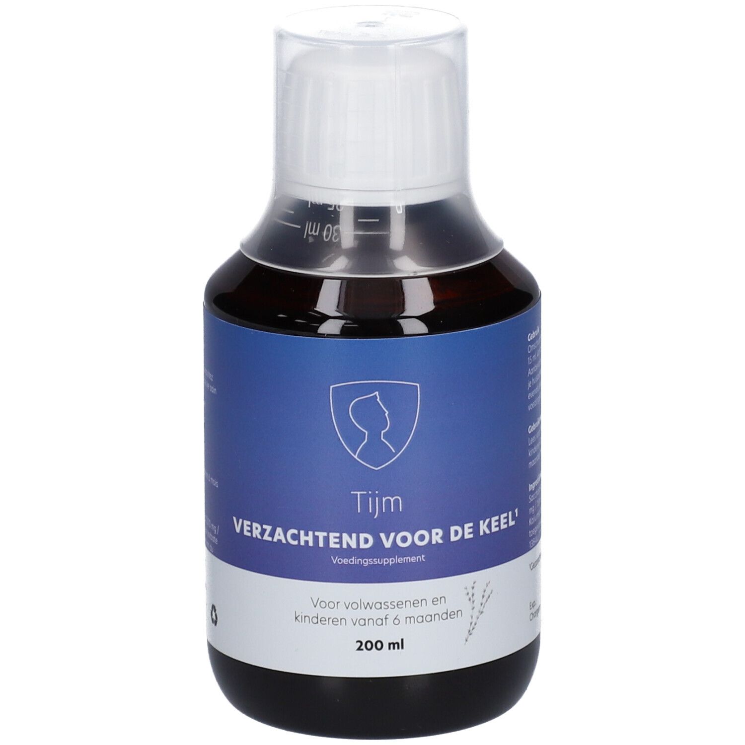 Bouteille de liquide brun avec bouchon blanc. Étiquette bleue avec texte: Tijm, Verzachtend voor de keel. 200 ml.