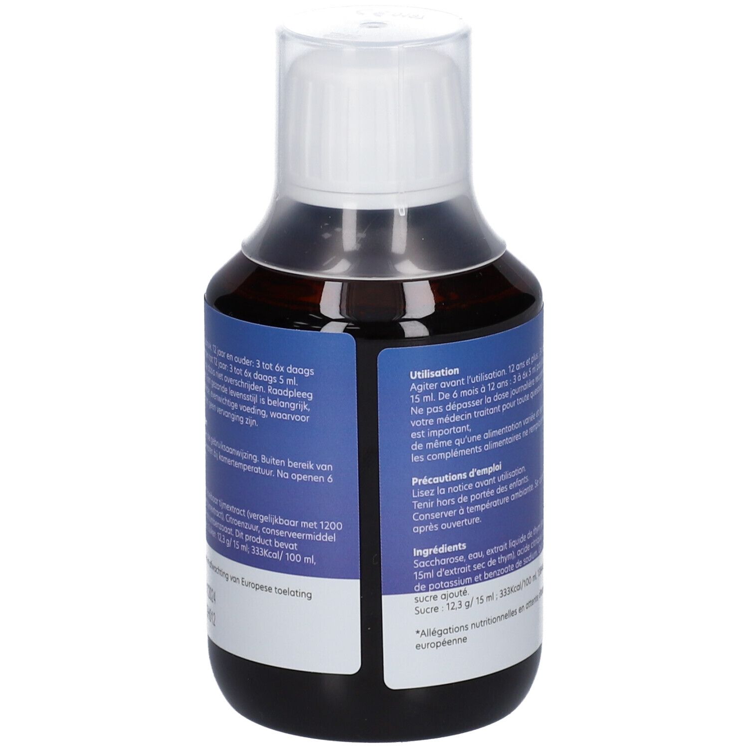 Dos d'une bouteille de liquide brun. Étiquette bleue avec texte. Contient des informations sur l'utilisation et les ingrédients.