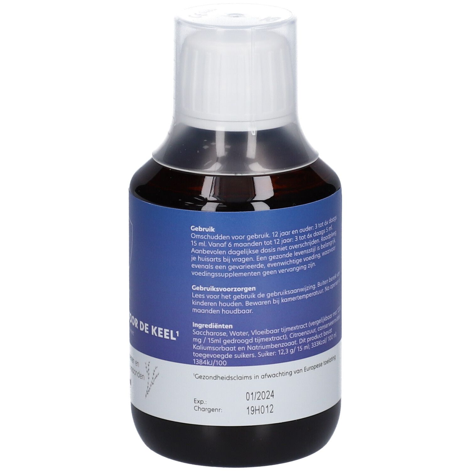 Dos d'une bouteille de liquide brun. Étiquette bleue avec texte. Contient des informations sur l'utilisation et les ingrédients.