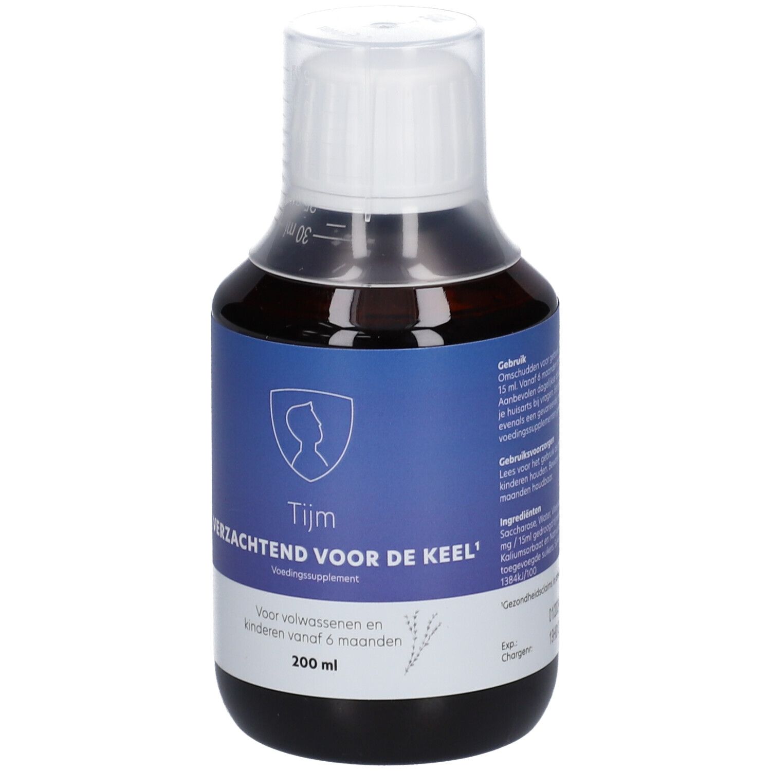 Bouteille de liquide brun avec bouchon blanc. Étiquette bleue avec texte: Tijm, Verzachtend voor de keel. 200 ml.