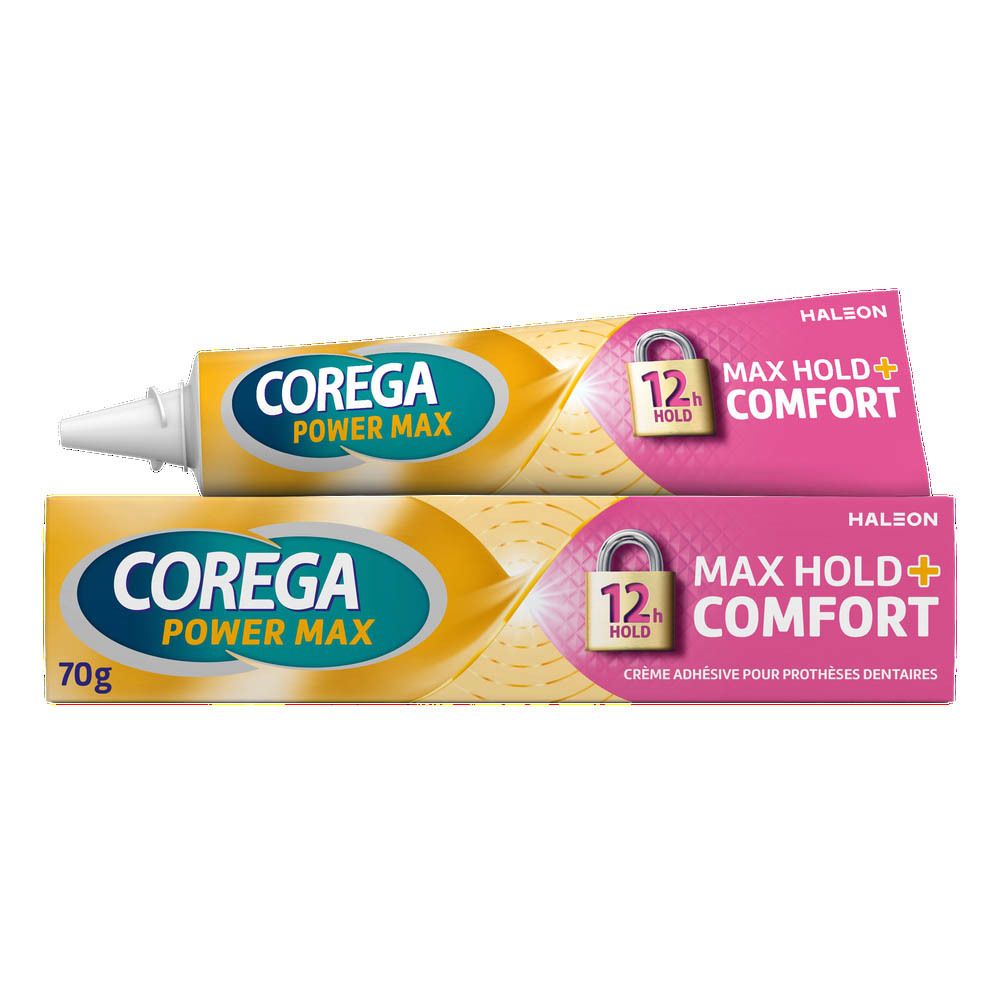 Tube et boîte Corega Power Max. Inscription: Max Hold + Comfort, 12 heures de maintien. 70g.