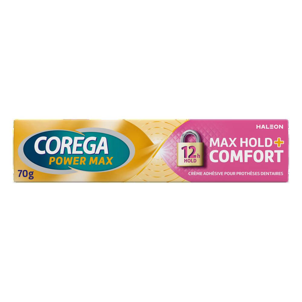 Tube et boîte Corega Power Max. Inscription: Max Hold + Comfort, 12 heures de maintien. 70g.