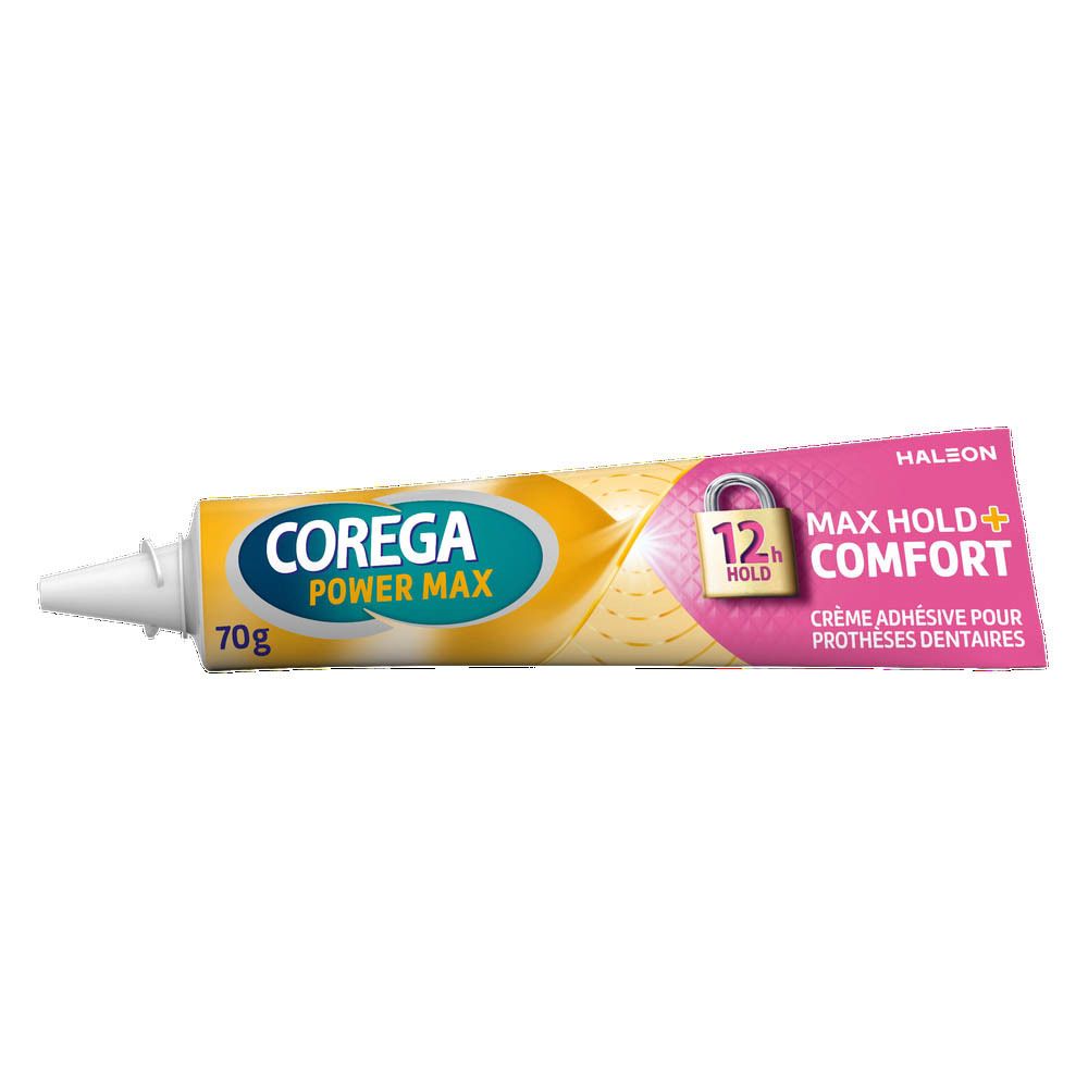 Tube Corega Power Max. Inscription: Max Hold + Comfort, 12 heures de maintien. 70g.