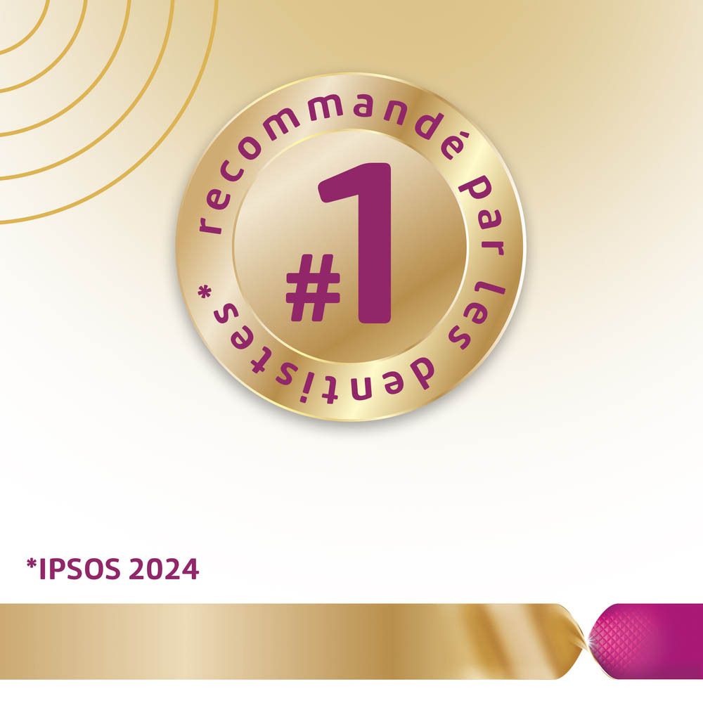 Médaille dorée. Recommandé par les dentistes. Texte.