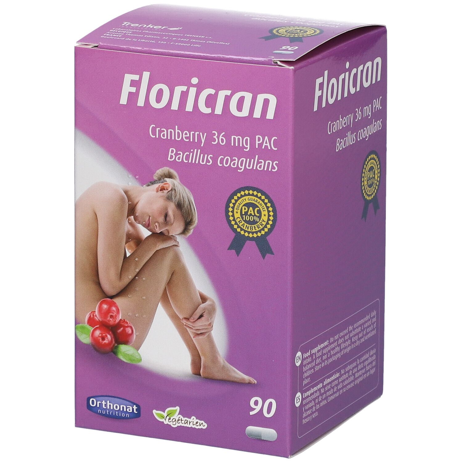 Boîte violette Floricran. Ingrédients : Cranberry 36 mg PAC, Bacillus coagulans. Image d'une femme et de canneberges.