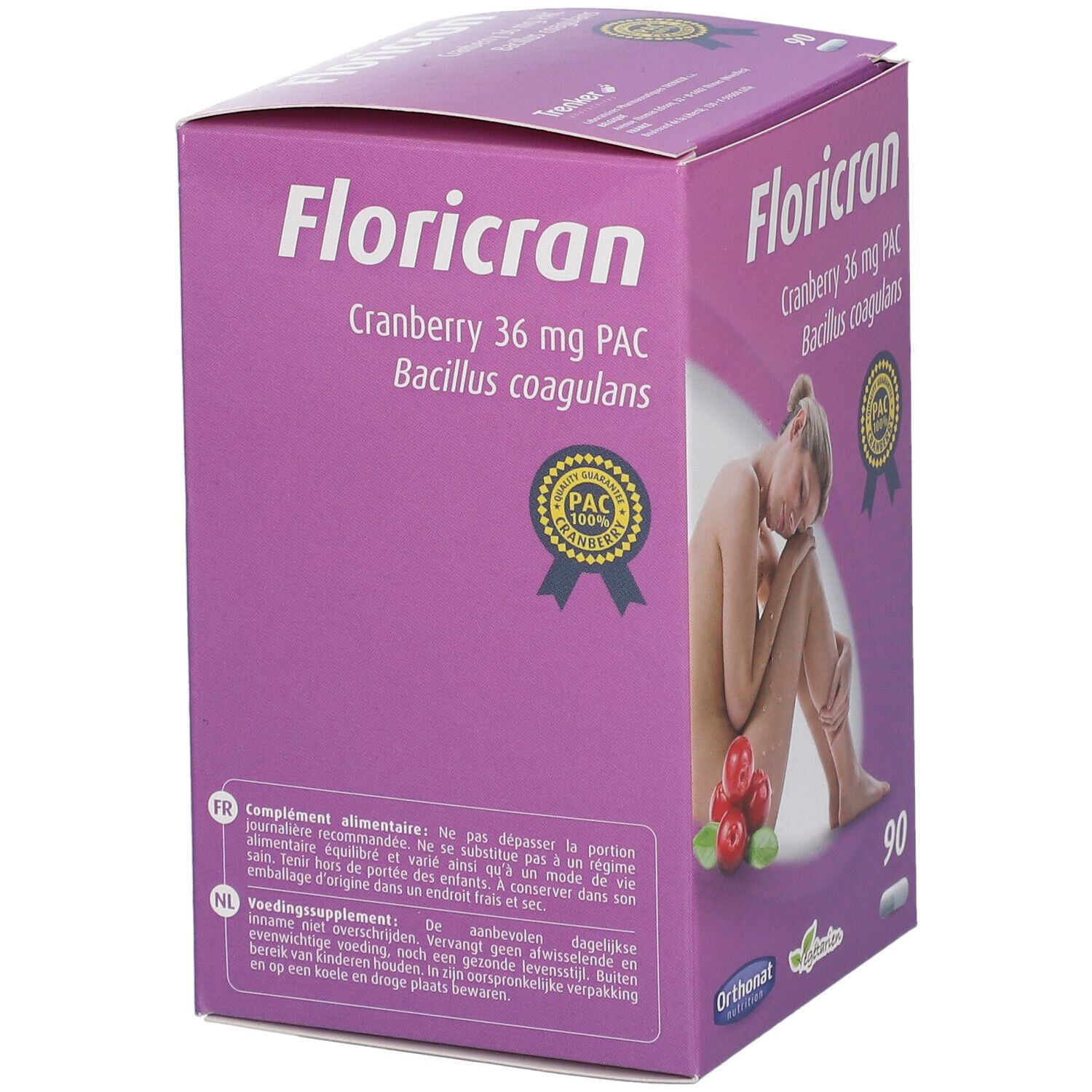 Boîte violette Floricran avec ingrédients et femme. Contient 90 gélules. Texte en français et néerlandais.