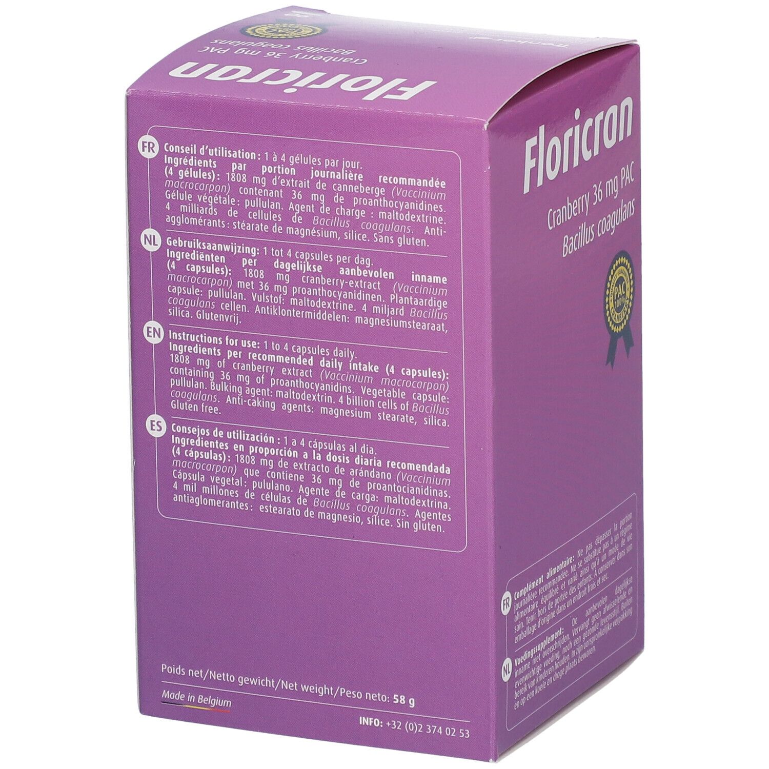Dos de la boîte violette Floricran. Contient des informations sur les ingrédients et le dosage en plusieurs langues.