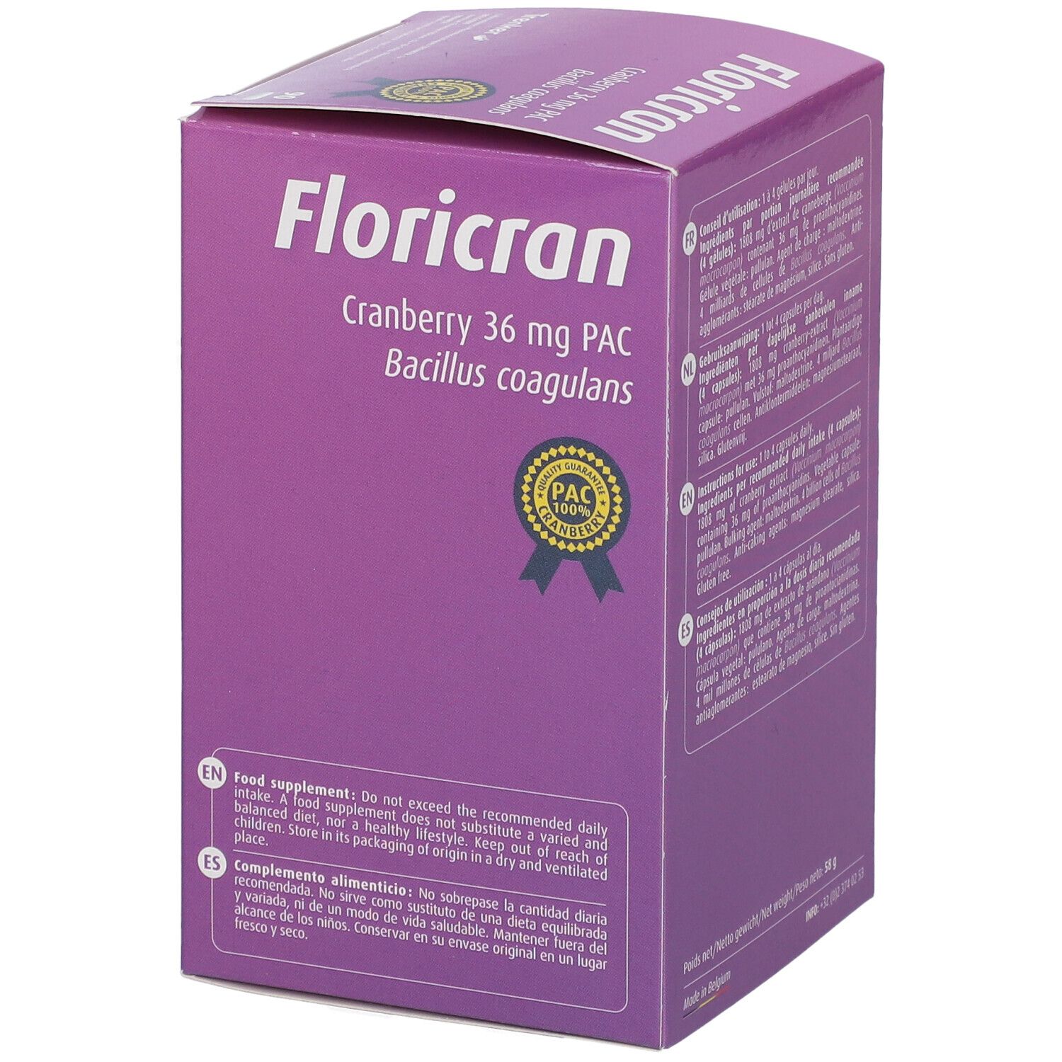 Boîte violette Floricran avec ingrédients. Contient 90 gélules. Texte en anglais et espagnol.