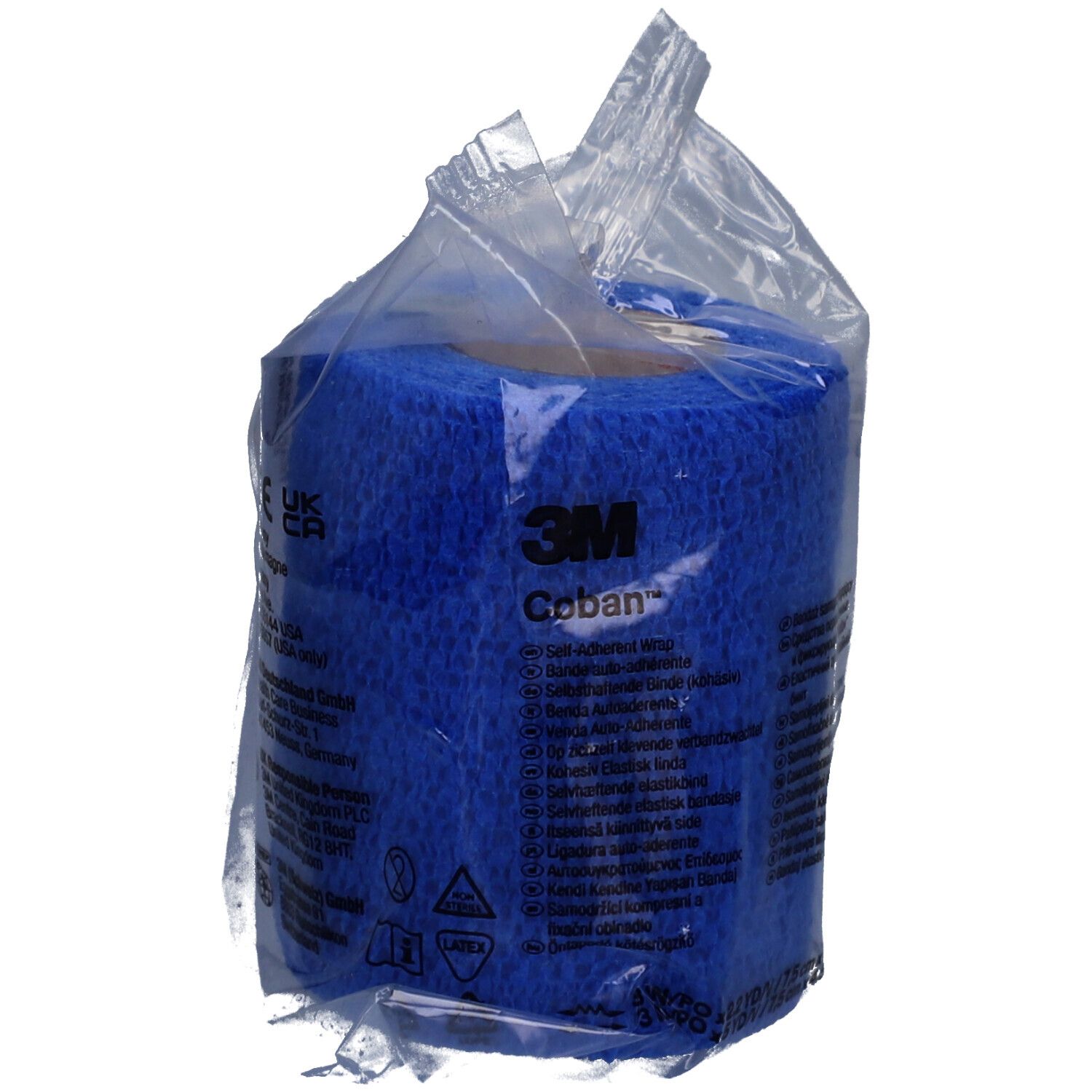 Bande 3M Coban bleue dans emballage transparent. Inscription : Bande auto-adhésive.