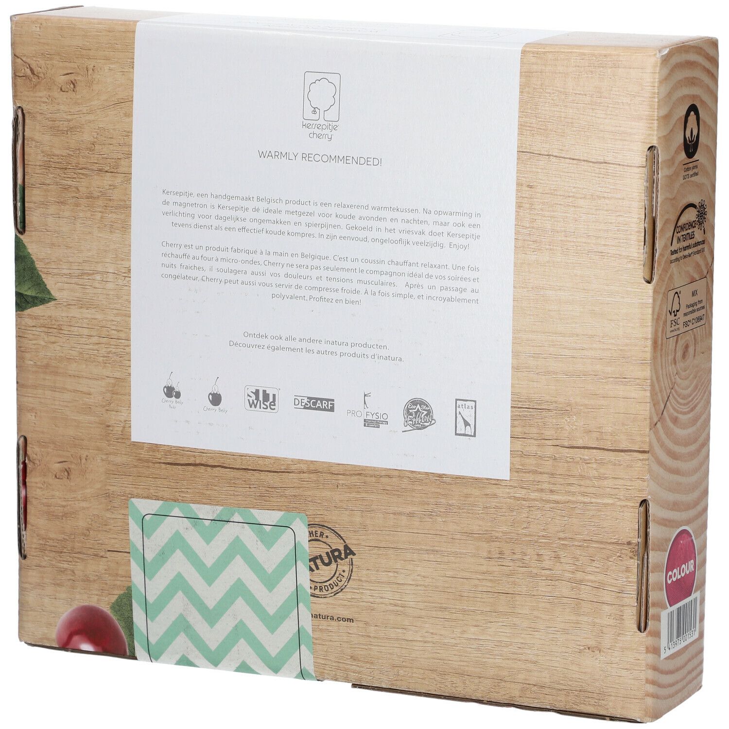Dos de l'emballage du produit. Texte : informations sur le produit, certifications. Image de cerises. Labels : FSC, autres labels de qualité.