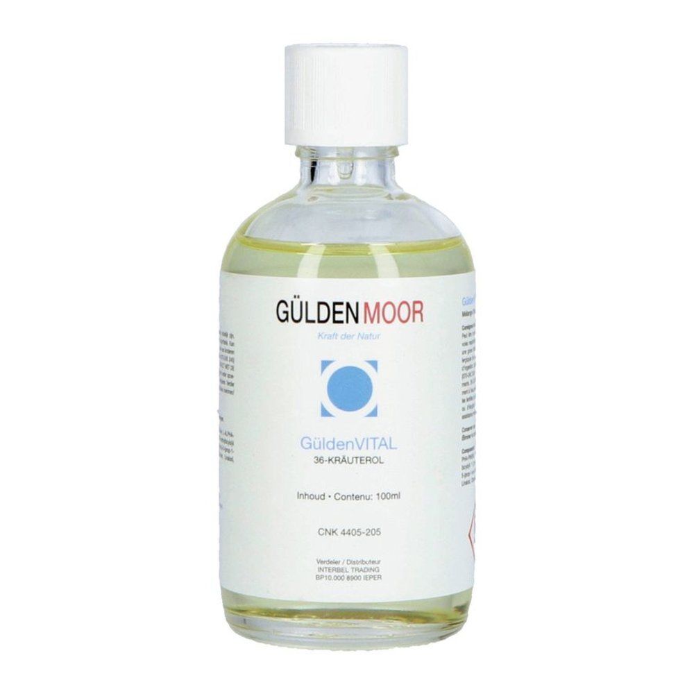 Bouteille GÜLDENMOOR GildenVITAL Huile 36-plantes. Étiquette avec inscription française et avertissements.