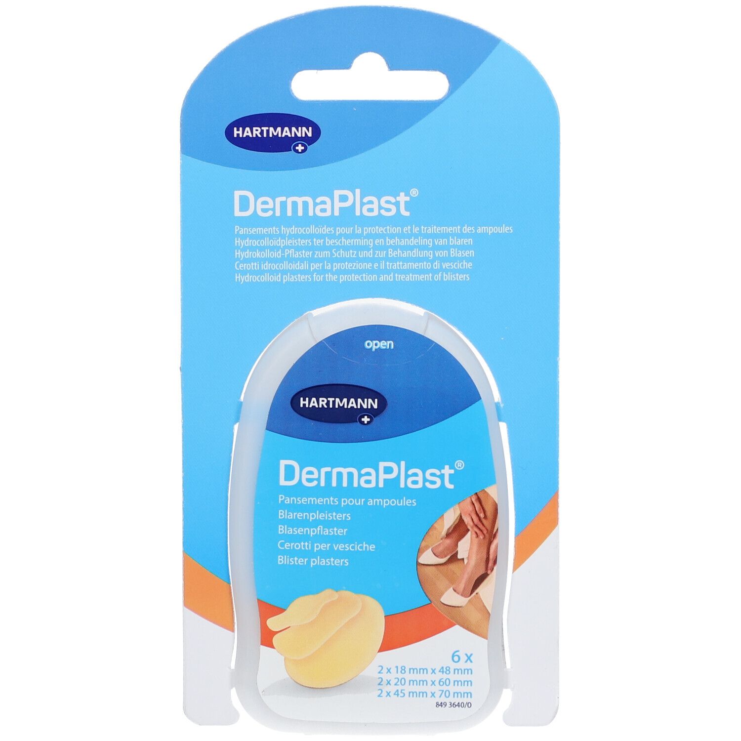 Hartmann Dermaplast Blarenpleisters. Emballage de pansements pour ampoules. Contient 6 pansements de tailles variées.
