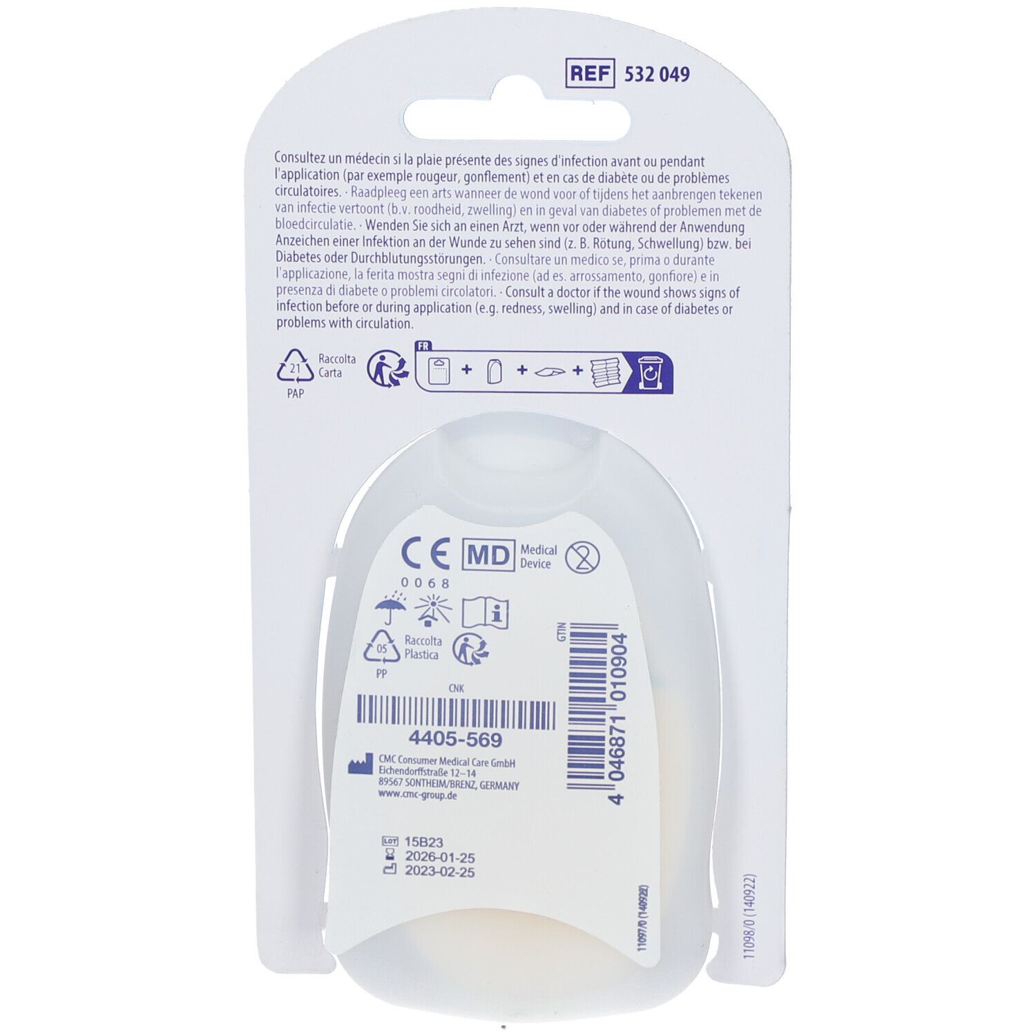 Dos de l'emballage Hartmann Dermaplast Blarenpleisters. Dispositif médical. Contient des informations et un code-barres.