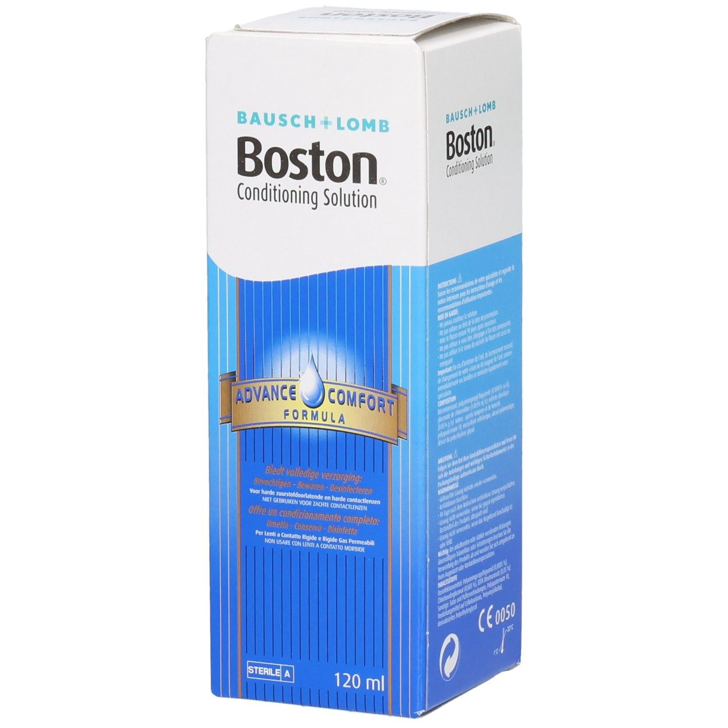 Boîte de Boston Conditioning Solution. Blanche et bleue, avec nom et logo du produit. Contient 120 ml.