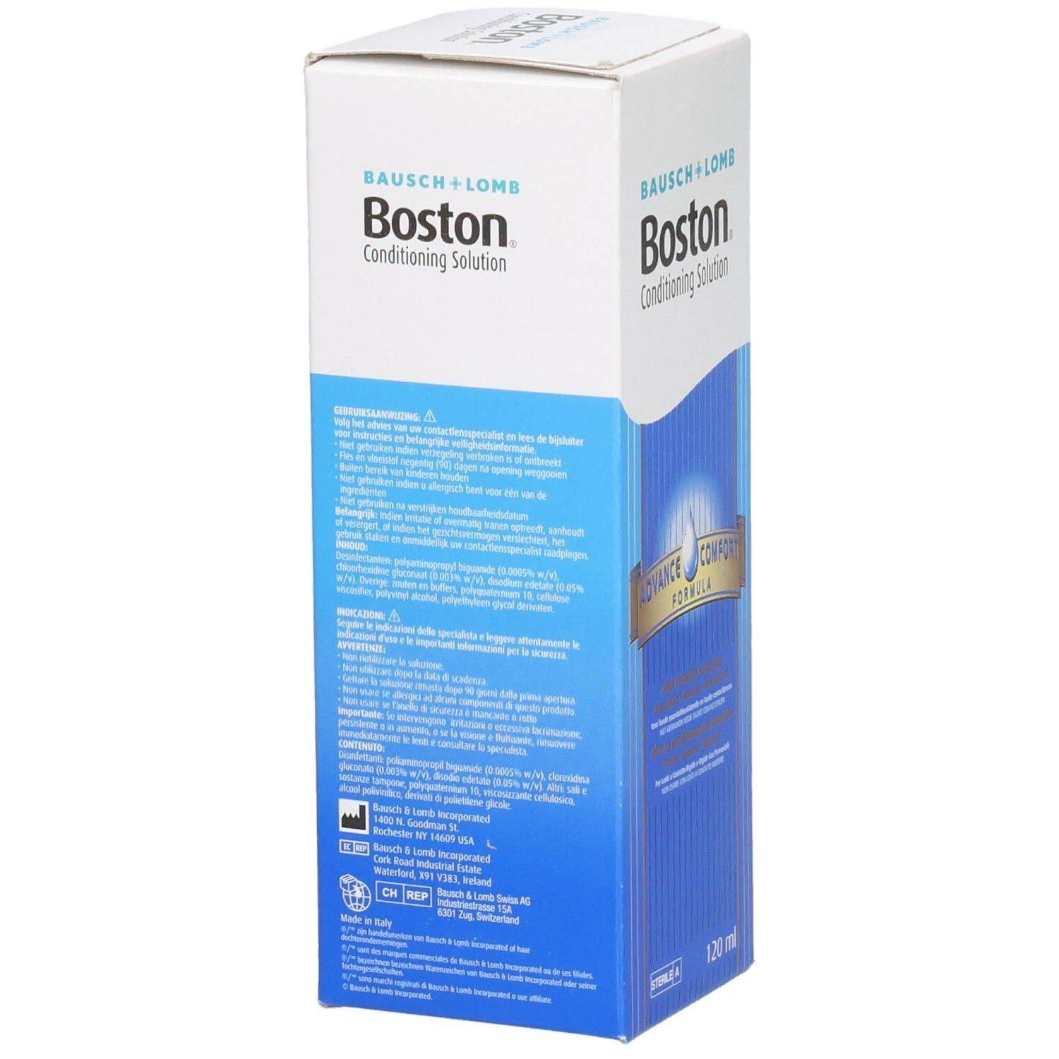 Vue latérale de la boîte de Boston Conditioning Solution. Blanche et bleue, avec nom et texte du produit. Contient 120 ml.