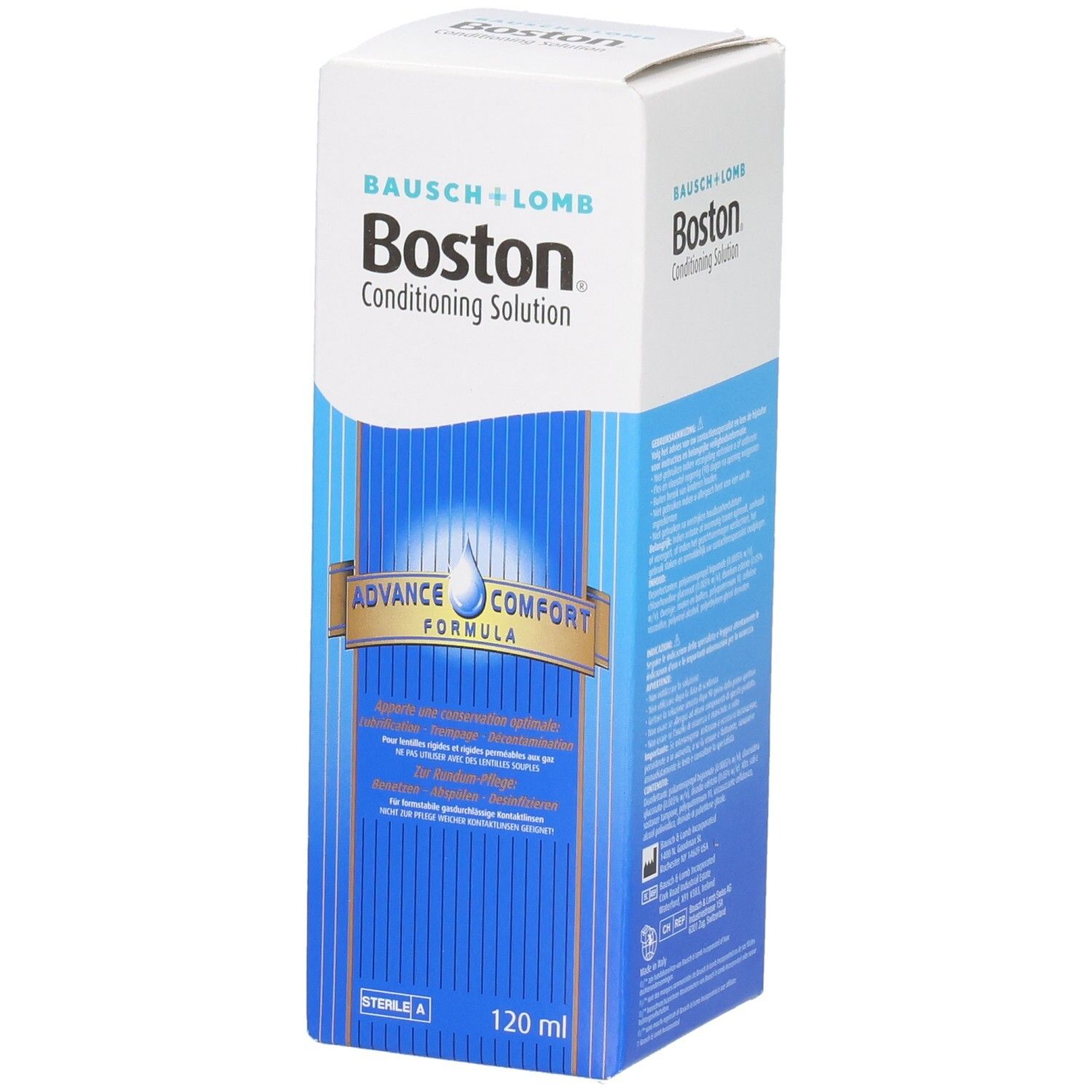 Emballage carton de Bausch + Lomb Boston® Conditioning Solution. Blanc, bleu. Inscription : Boston Conditioning Solution, Advance Comfort Formula, 120 ml.
