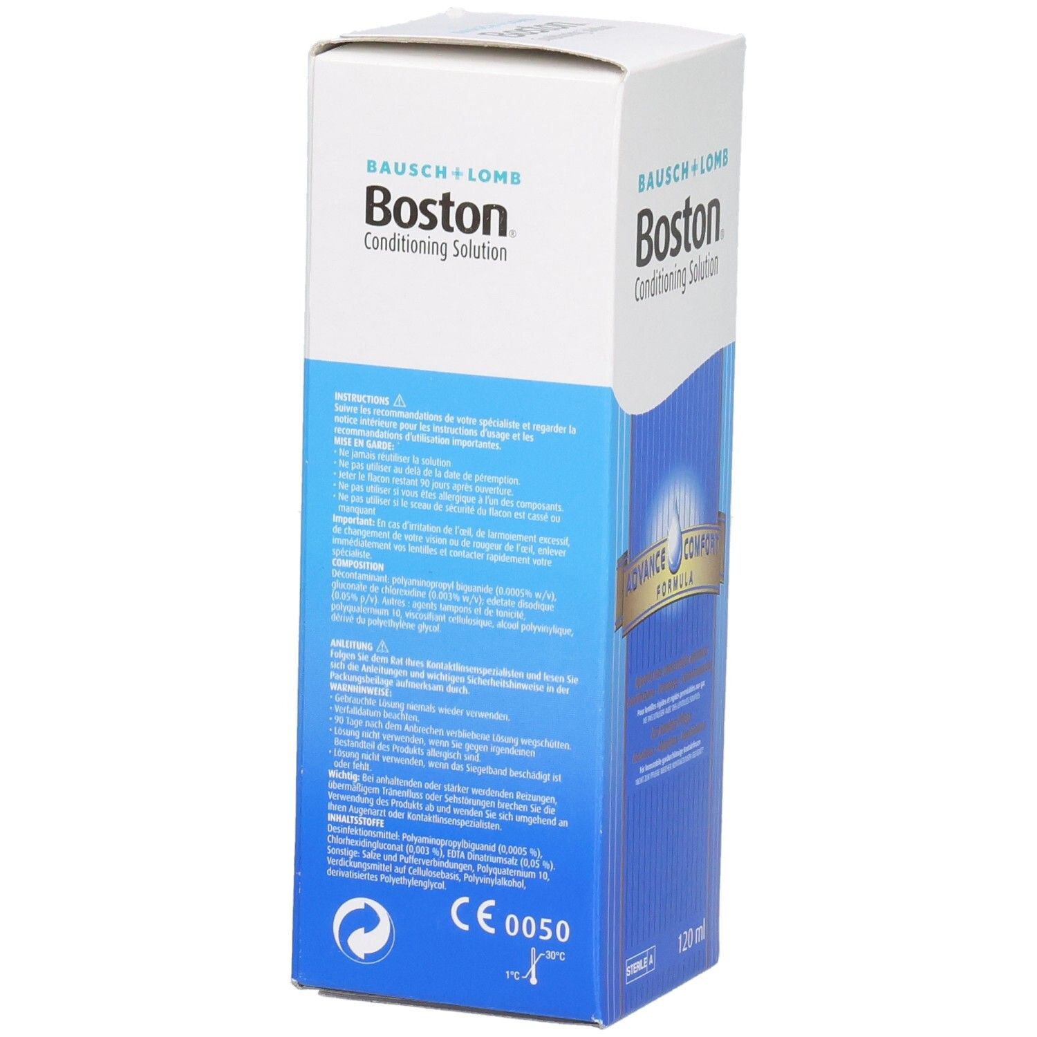 Emballage carton de Bausch + Lomb Boston® Conditioning Solution. Dos avec texte. Blanc, bleu. Avec marquage CE et 120 ml.