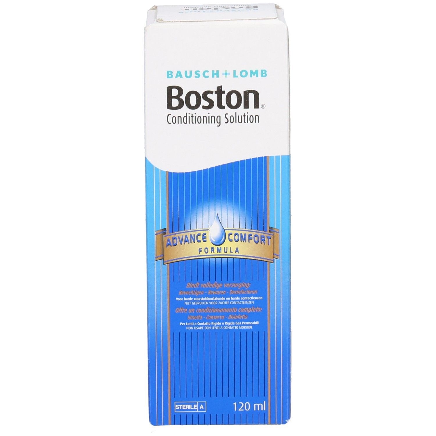 Emballage carton de Bausch + Lomb Boston® Conditioning Solution. Vue de face. Blanc, bleu. Inscription : Boston Conditioning Solution, 120 ml.
