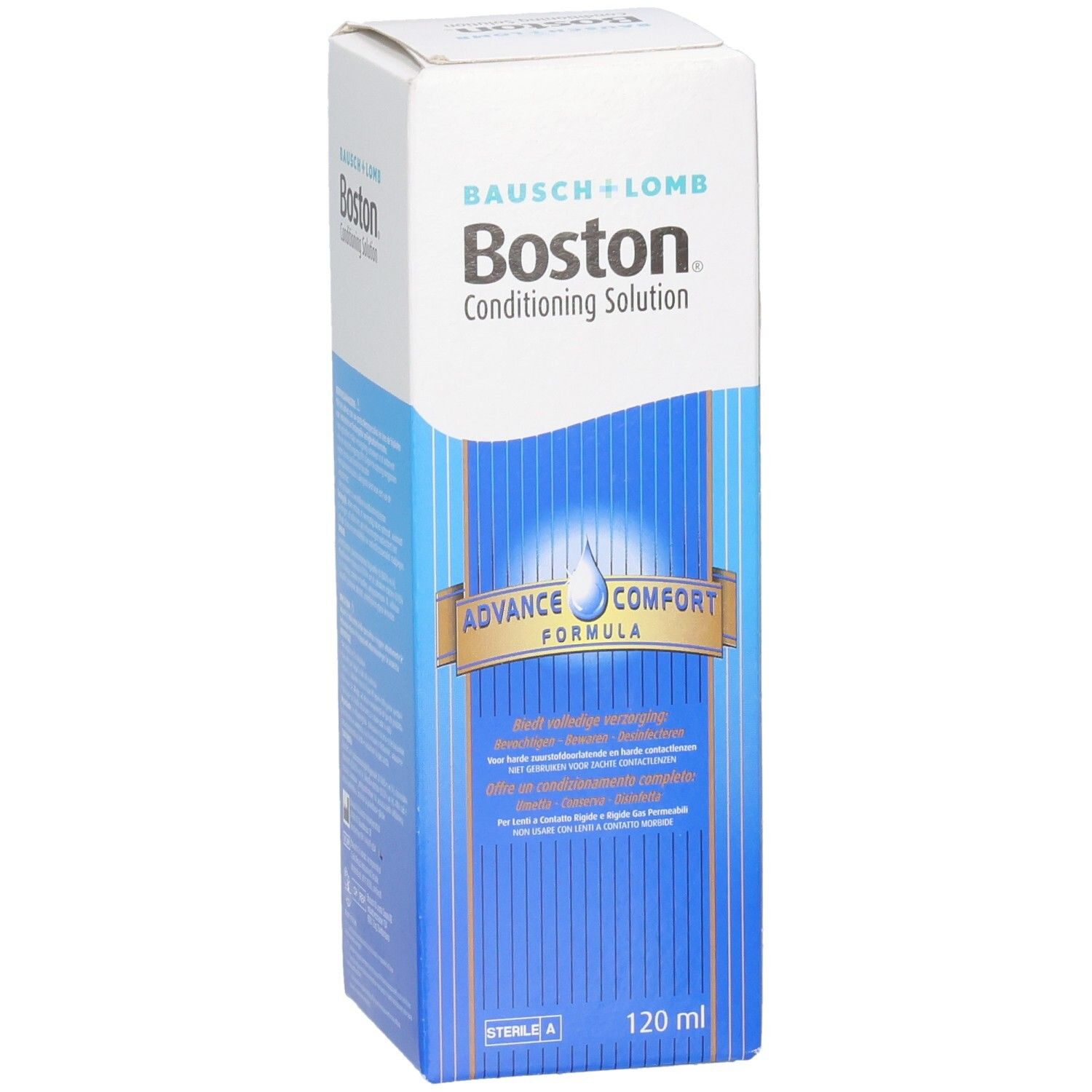 Emballage carton de Bausch + Lomb Boston® Conditioning Solution. Vue latérale. Blanc, bleu. Inscription : Boston Conditioning Solution, 120 ml.