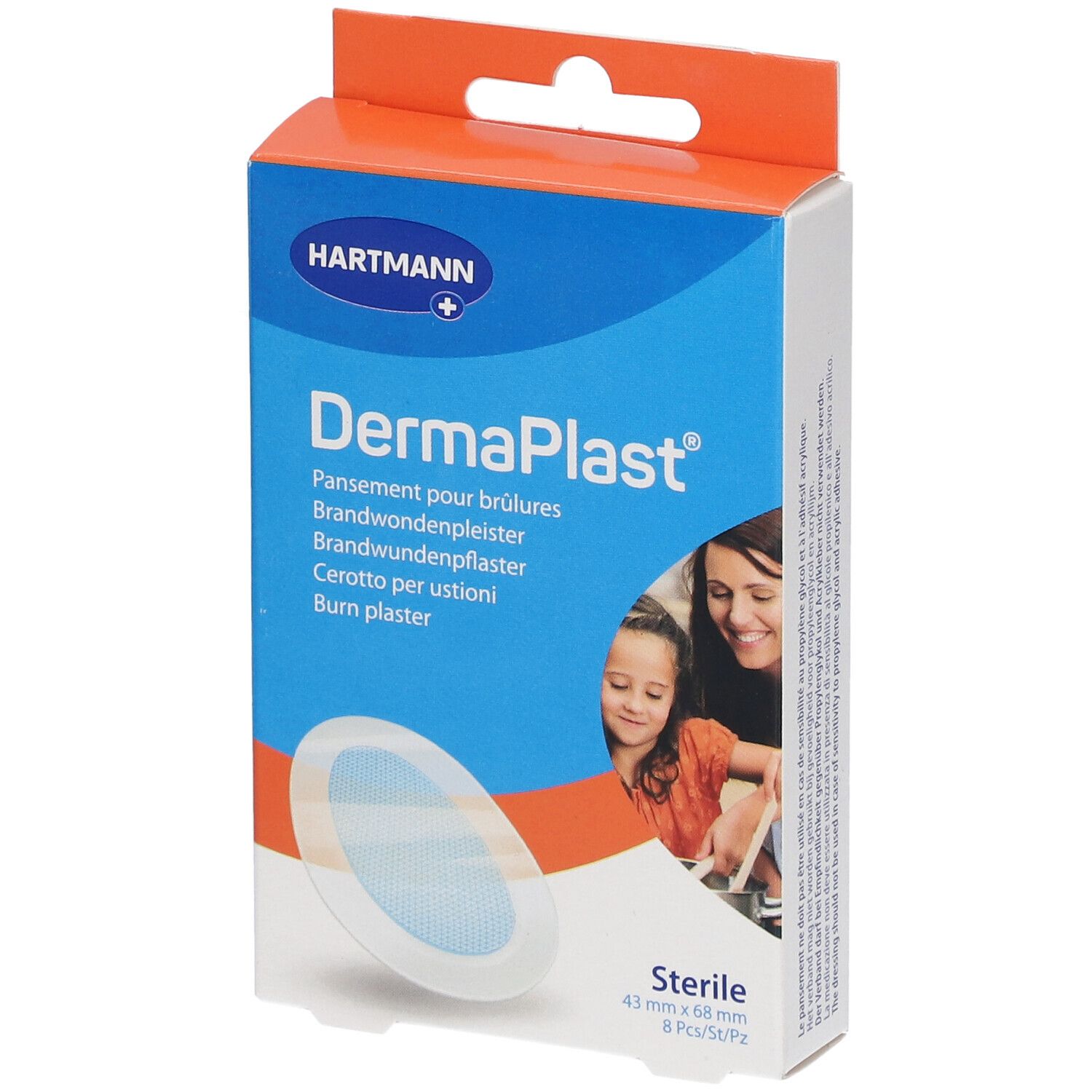 Boîte Hartmann DermaPlast® pour brûlures. Bleu avec nom et logo. Pansements ronds visibles.