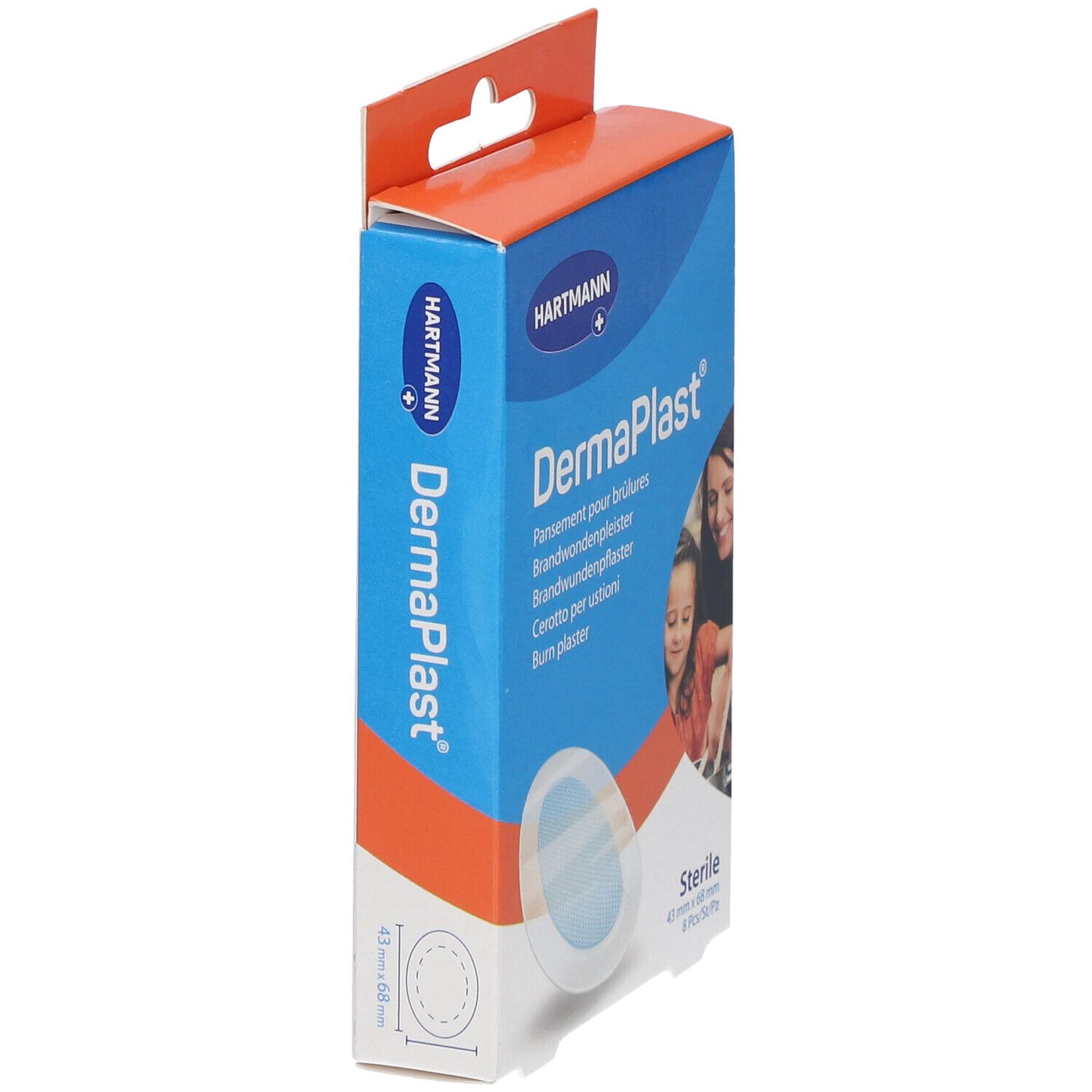 Vue latérale de la boîte Hartmann DermaPlast®. Boîte bleue avec nom. Pansements ronds visibles.