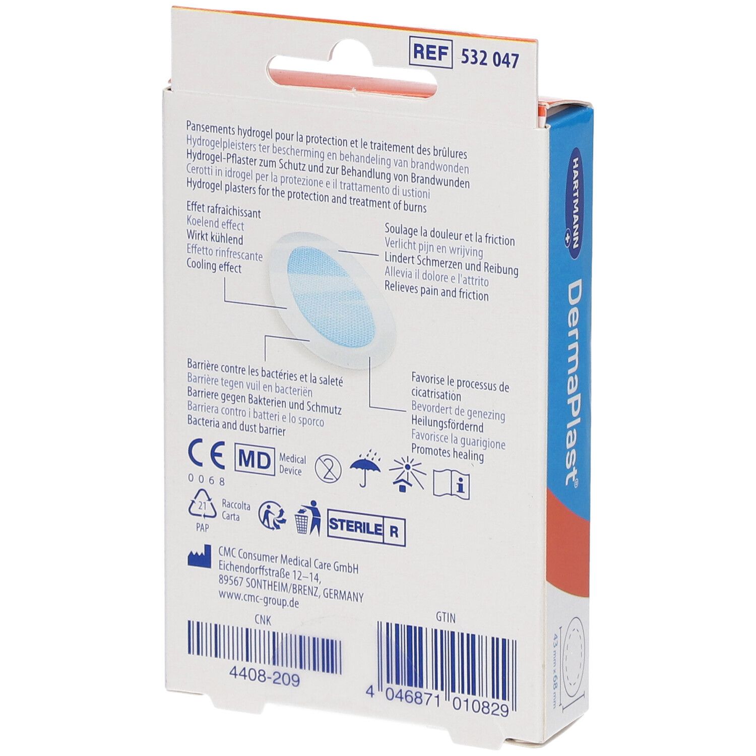 Dos de la boîte Hartmann DermaPlast®. Informations, logos et certifications. Pansements ronds illustrés.