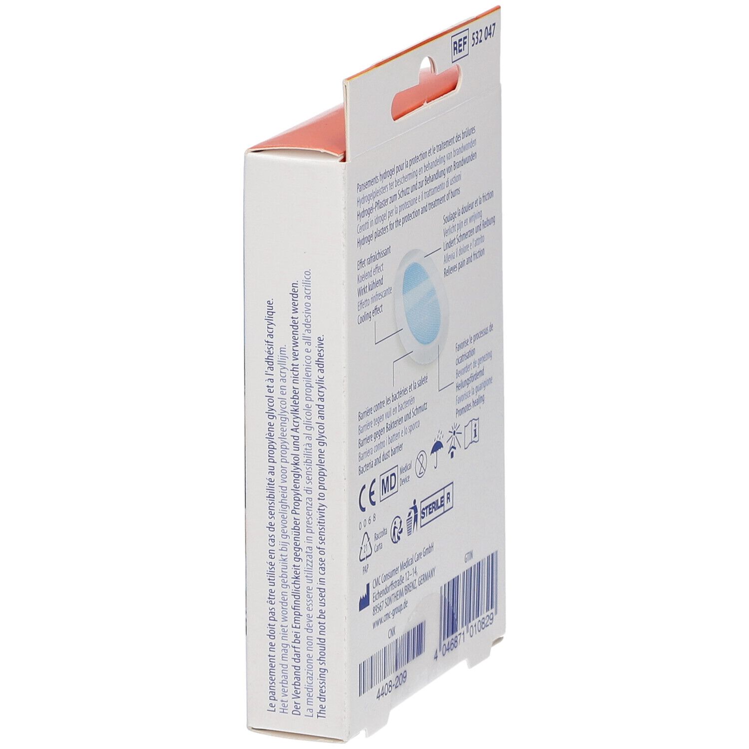 Vue latérale de la boîte Hartmann DermaPlast®. Informations et logos. Pansements ronds illustrés.