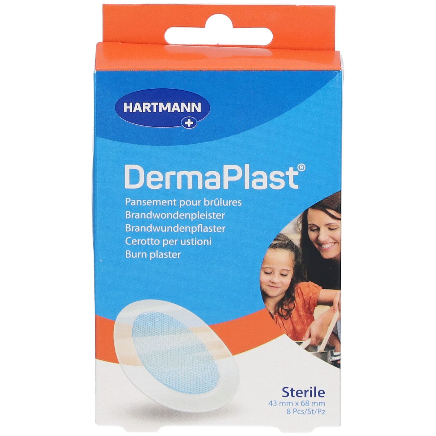 Boîte Hartmann DermaPlast® pour brûlures. Bleu avec nom et logo. Pansements ronds visibles.