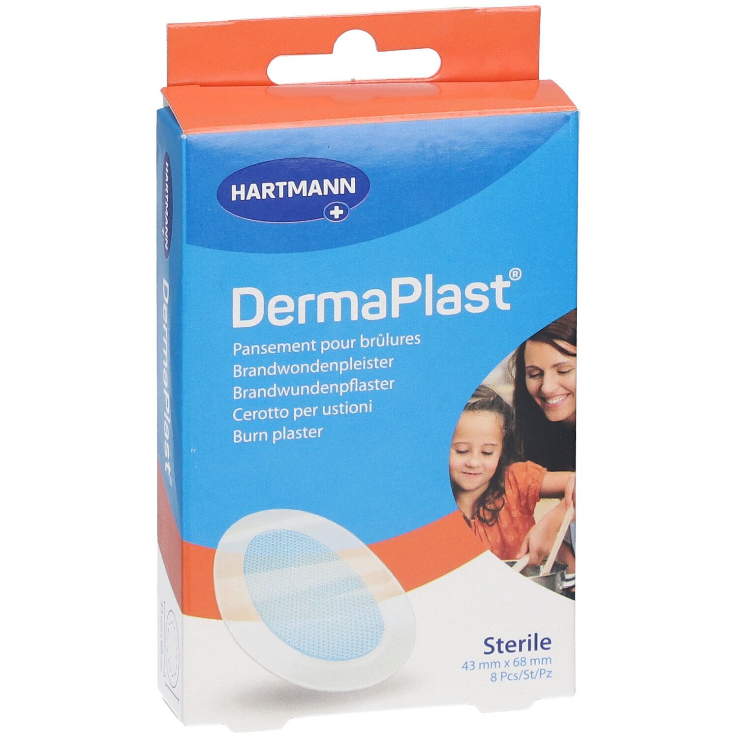 Boîte Hartmann DermaPlast® pour brûlures. Bleu avec nom et logo. Pansements ronds visibles.